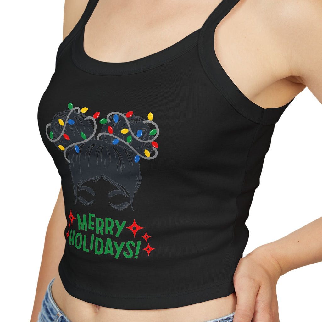 Women's Holiday Crop Tank Top – "Merry Holidays" Light-Up Hair Buns Graphic