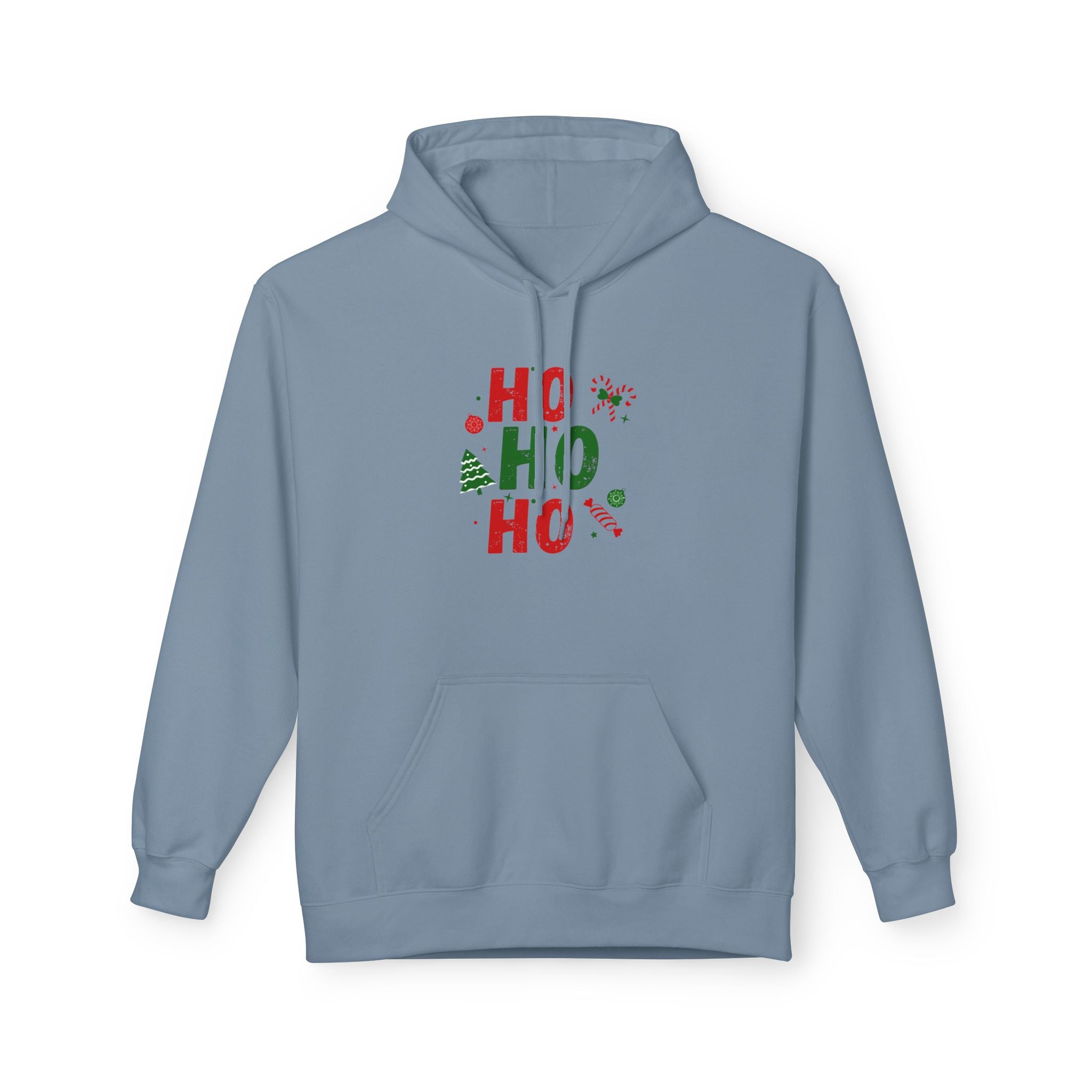 Ho Ho Ho Christmas Hoodie — Festive Holiday Sweatshirt with Tree & Candy Cane Design