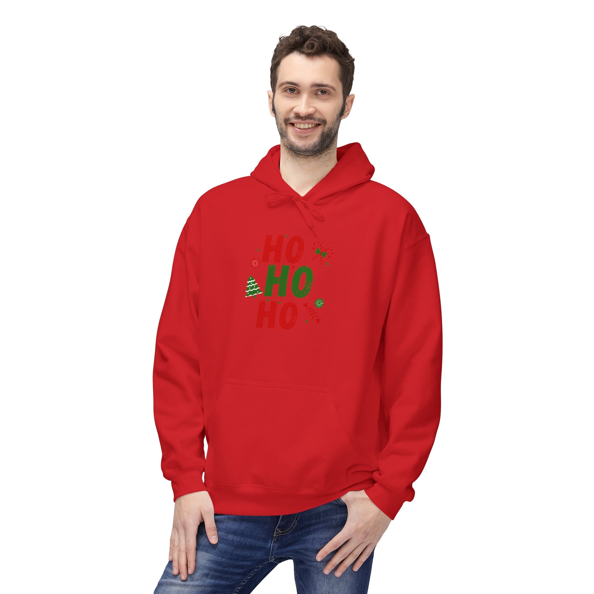 Ho Ho Ho Christmas Hoodie — Festive Holiday Sweatshirt with Tree & Candy Cane Design