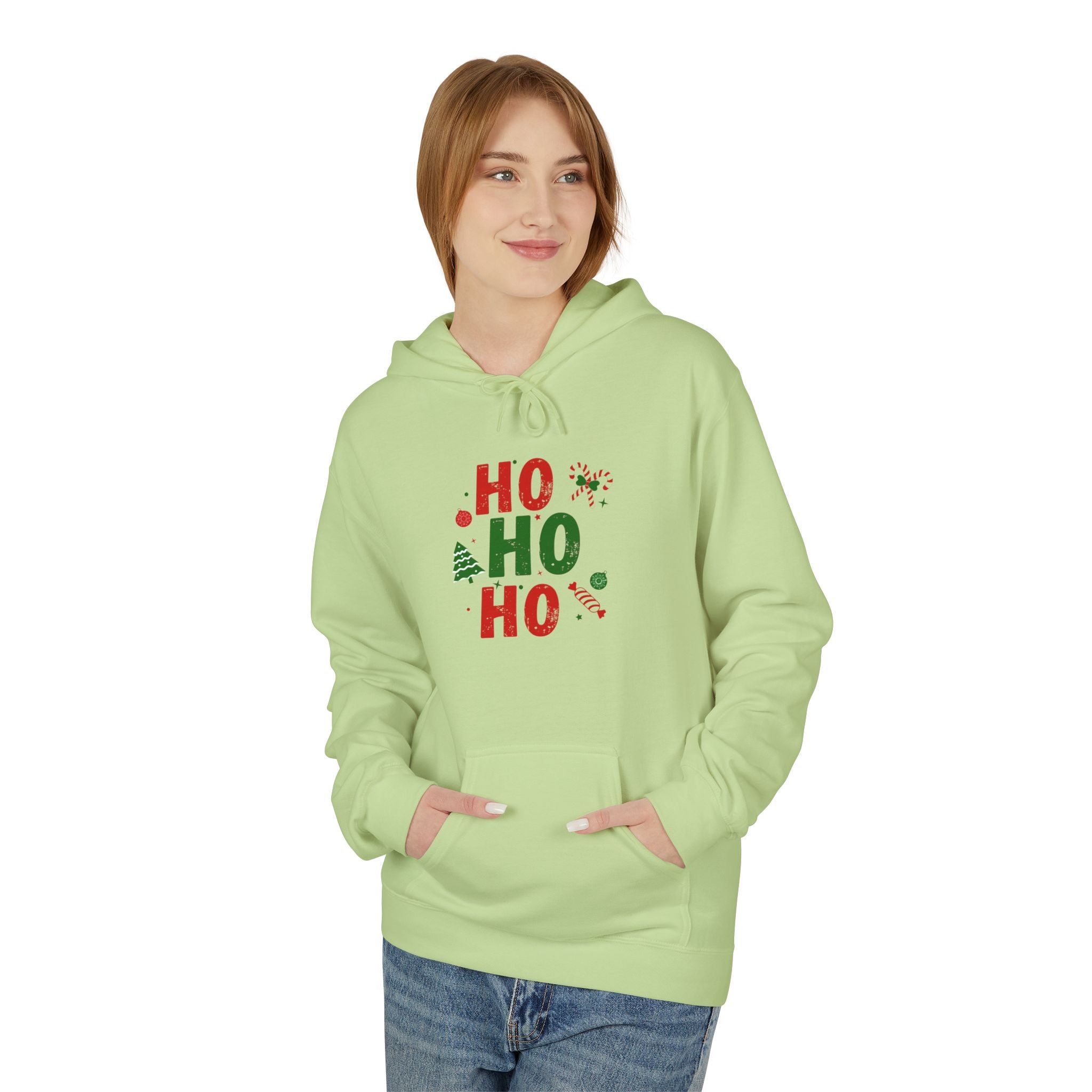 Ho Ho Ho Christmas Hoodie — Festive Holiday Sweatshirt with Tree & Candy Cane Design
