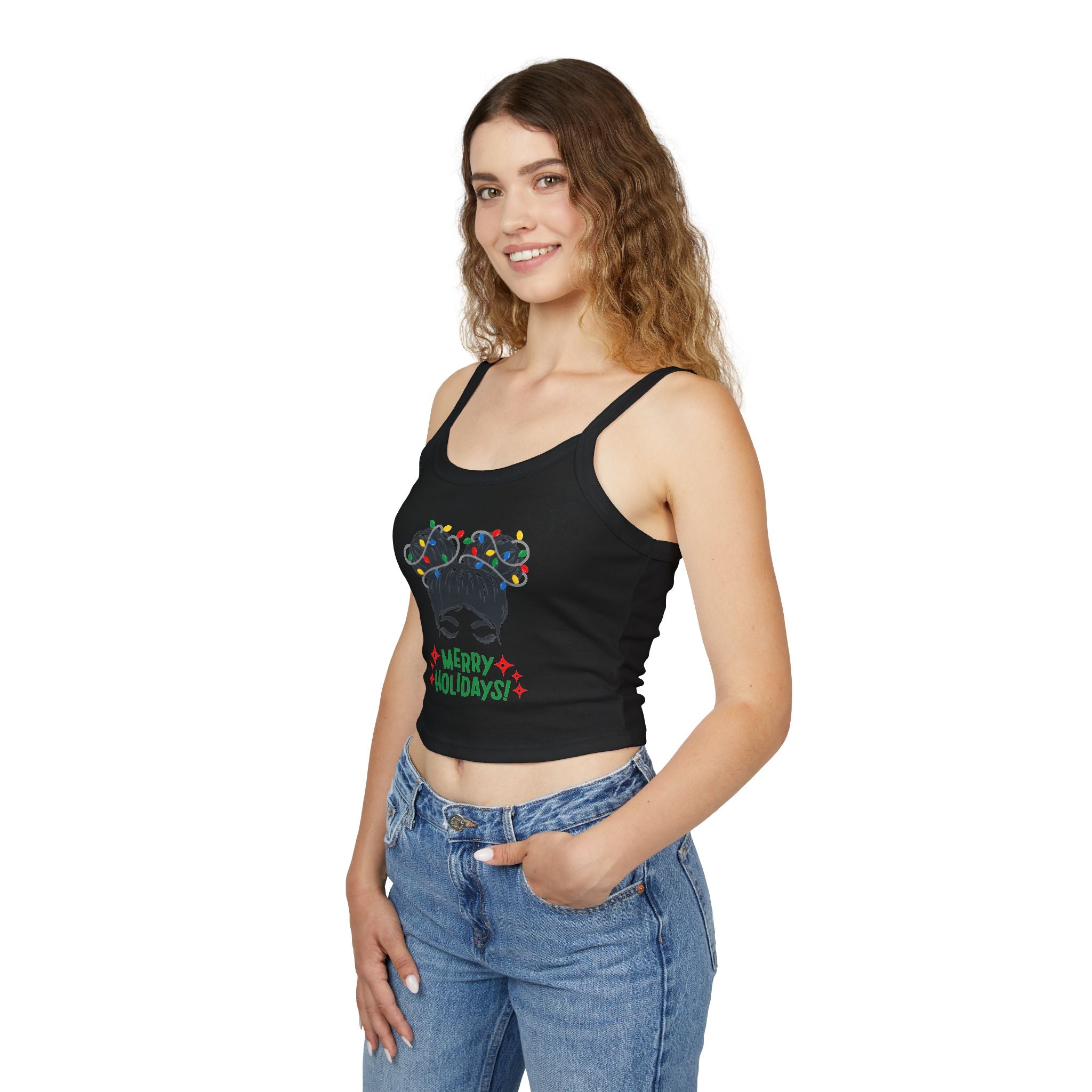 Women's Holiday Crop Tank Top – "Merry Holidays" Light-Up Hair Buns Graphic