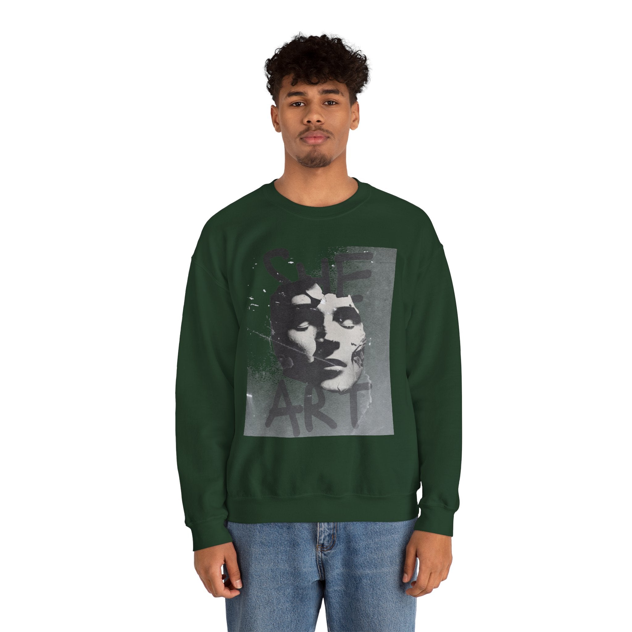 Artistic Unisex Crewneck Sweatshirt - SHE ART Graphic, Cozy Fashion, Bold Statement Piece, Gift for Creatives, Everyday Wear