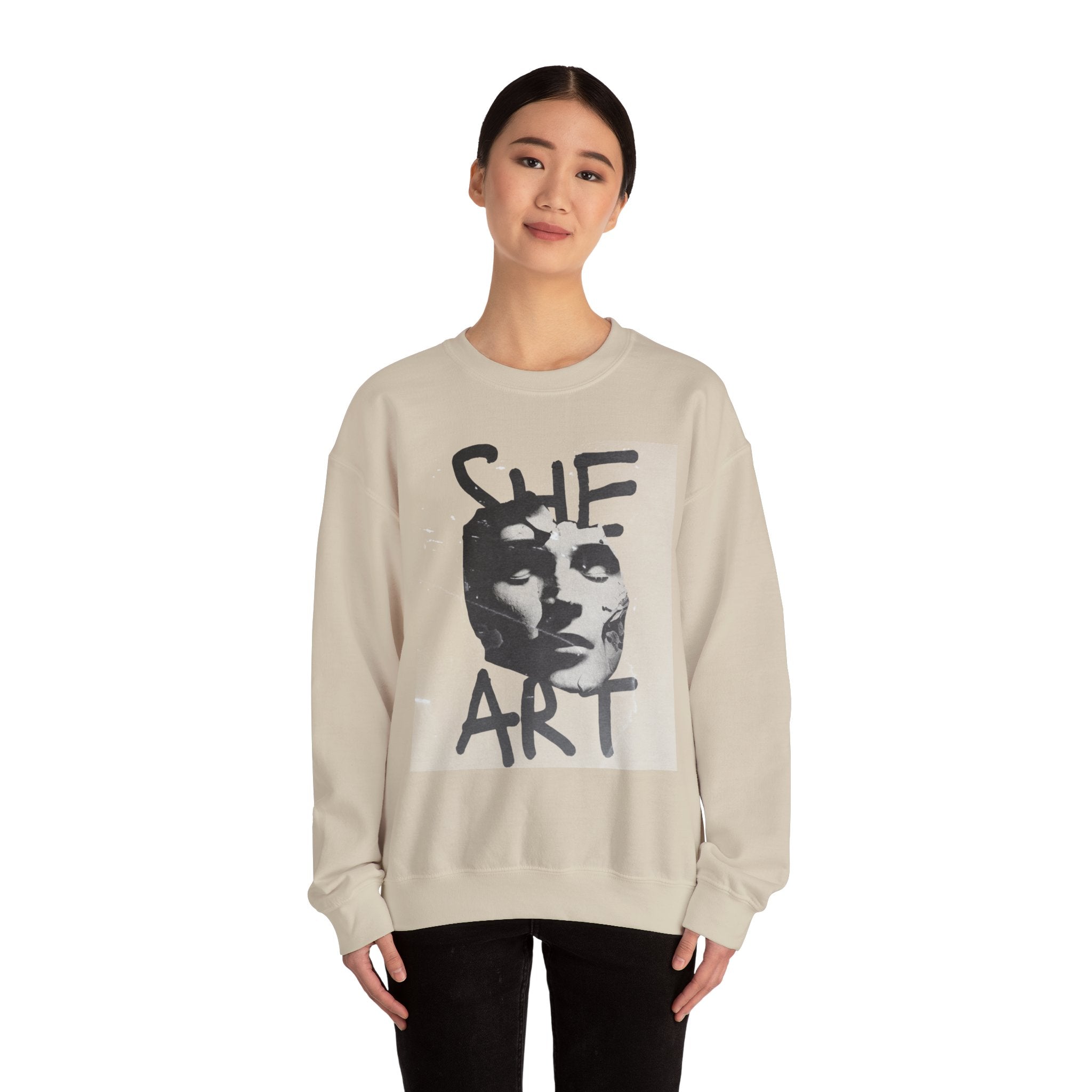 Artistic Unisex Crewneck Sweatshirt - SHE ART Graphic, Cozy Fashion, Bold Statement Piece, Gift for Creatives, Everyday Wear