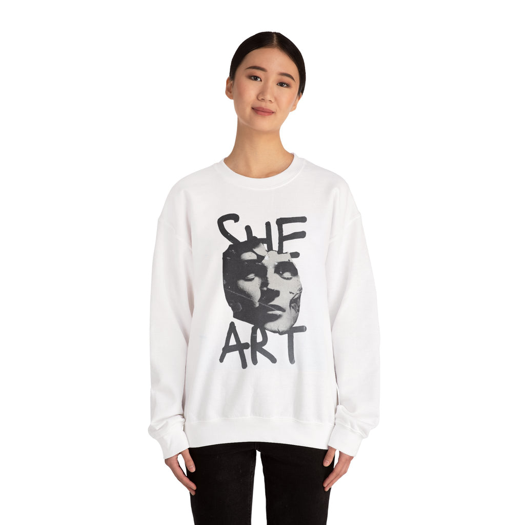 Artistic Unisex Crewneck Sweatshirt - SHE ART Graphic, Cozy Fashion, Bold Statement Piece, Gift for Creatives, Everyday Wear