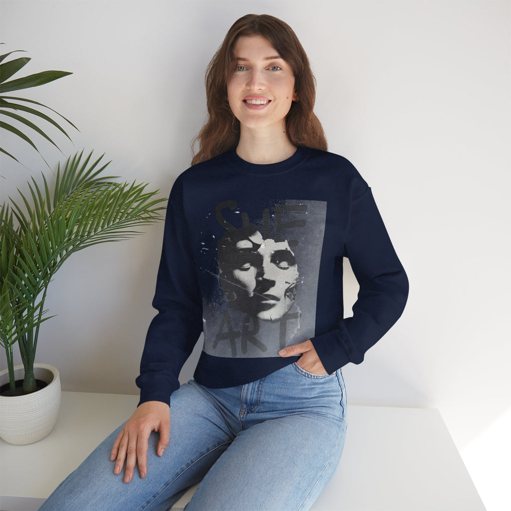 Artistic Unisex Crewneck Sweatshirt - SHE ART Graphic, Cozy Fashion, Bold Statement Piece, Gift for Creatives, Everyday Wear