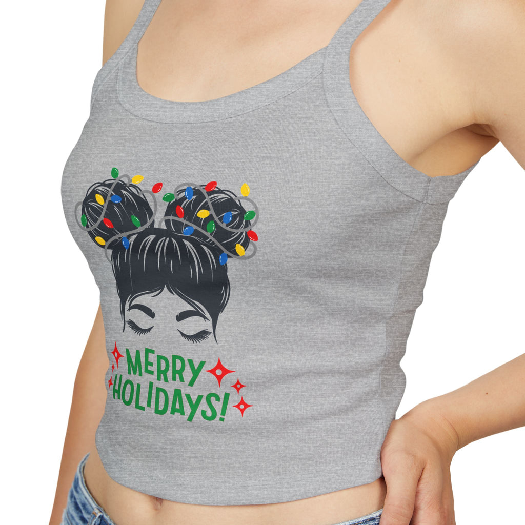 Women's Holiday Crop Tank Top – "Merry Holidays" Light-Up Hair Buns Graphic