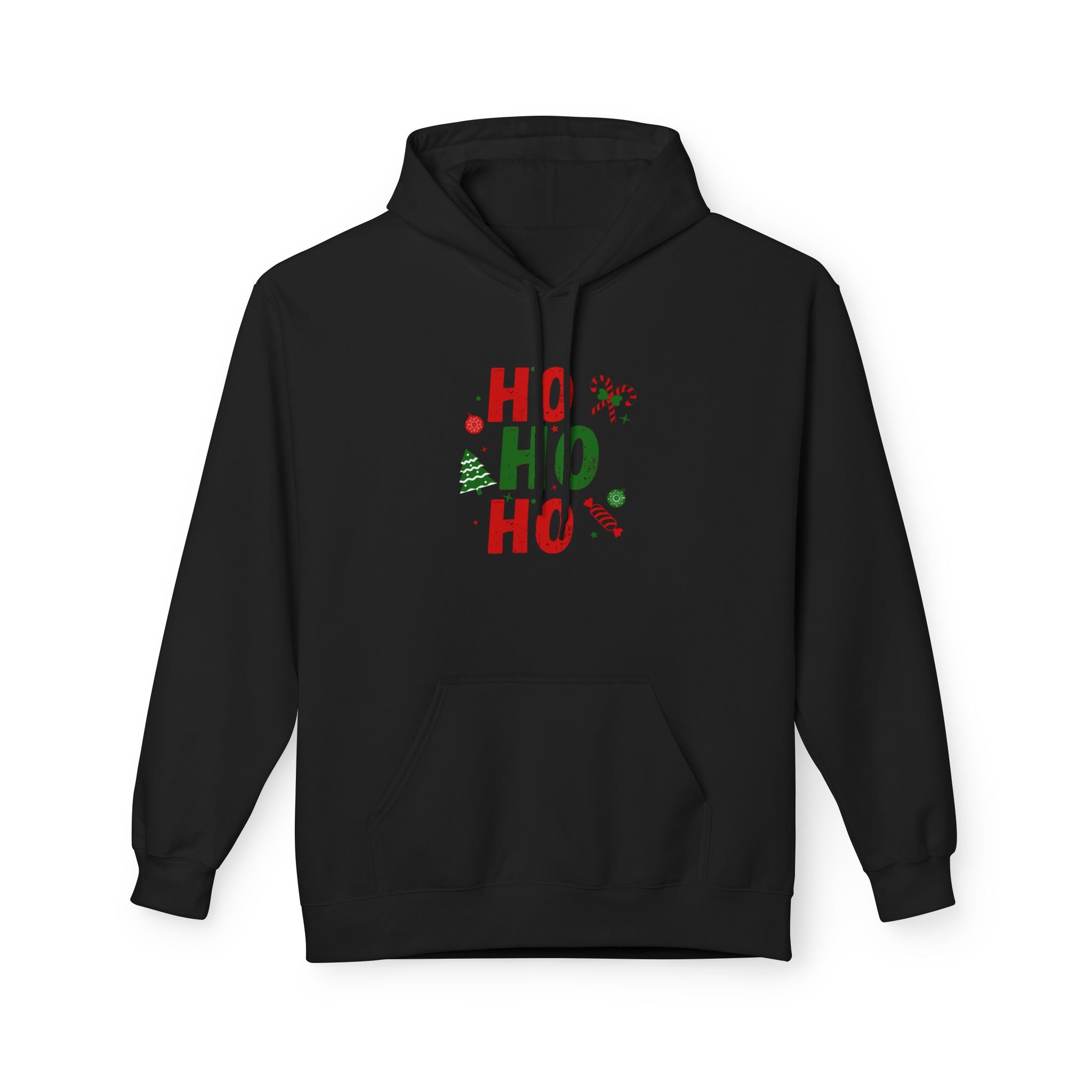 Ho Ho Ho Christmas Hoodie — Festive Holiday Sweatshirt with Tree & Candy Cane Design