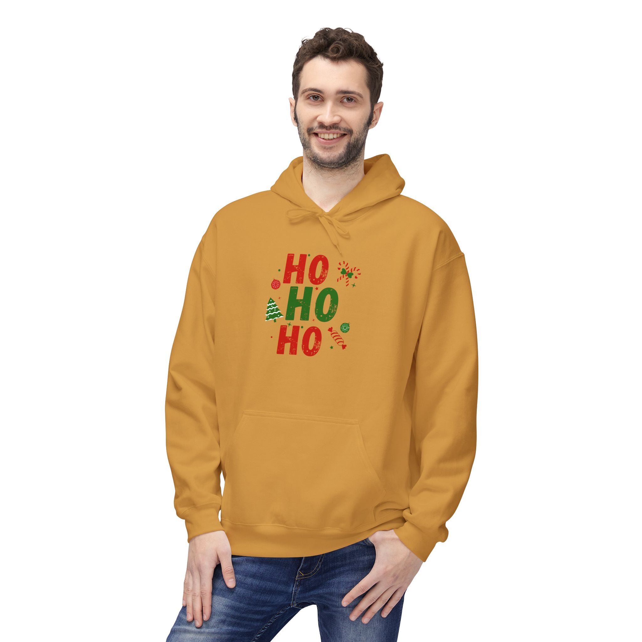 Ho Ho Ho Christmas Hoodie — Festive Holiday Sweatshirt with Tree & Candy Cane Design