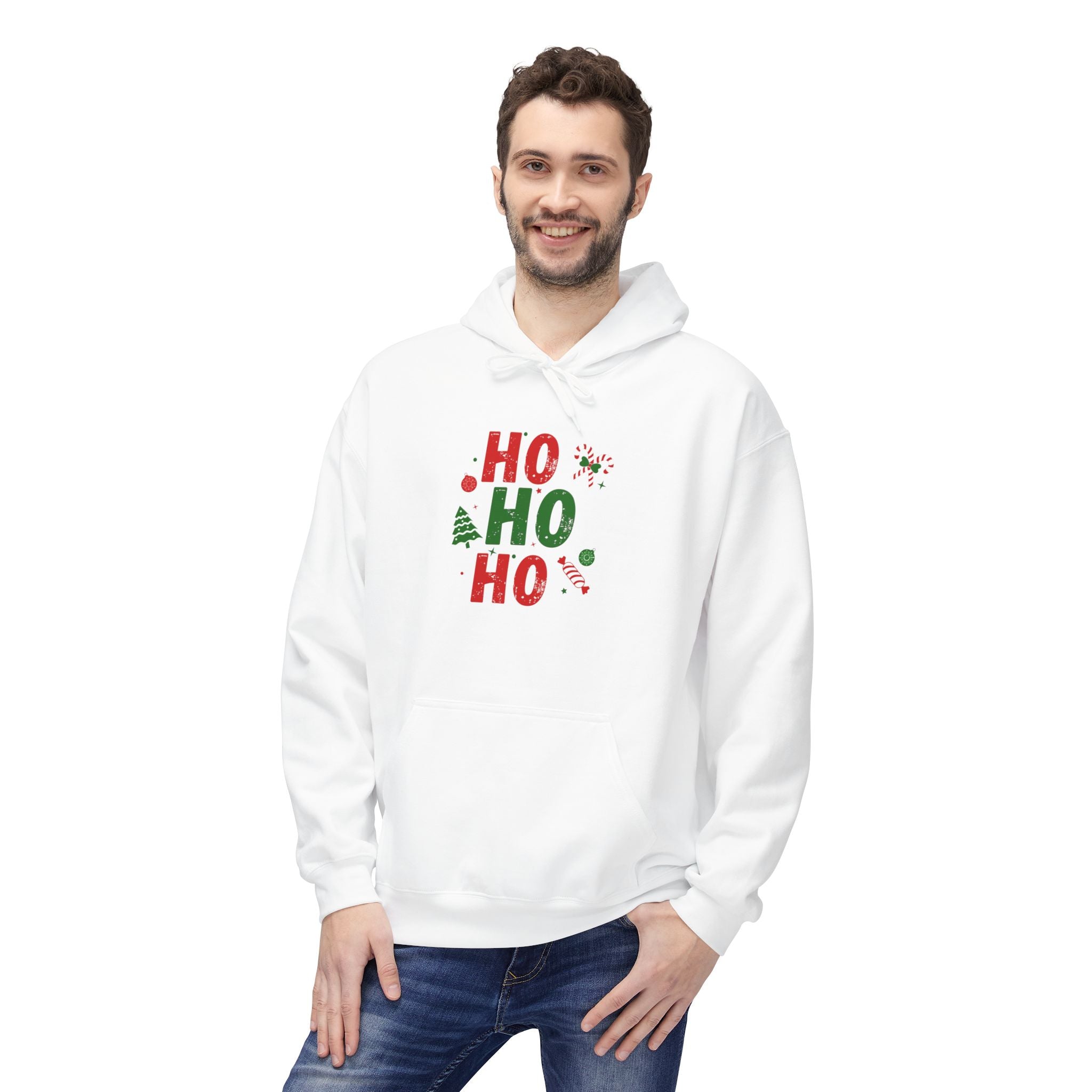 Ho Ho Ho Christmas Hoodie — Festive Holiday Sweatshirt with Tree & Candy Cane Design