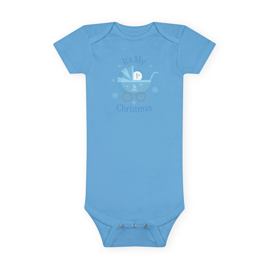 Baby Onesie - "It's My First Christmas" Blue Baby Carriage Newborn Bodysuit