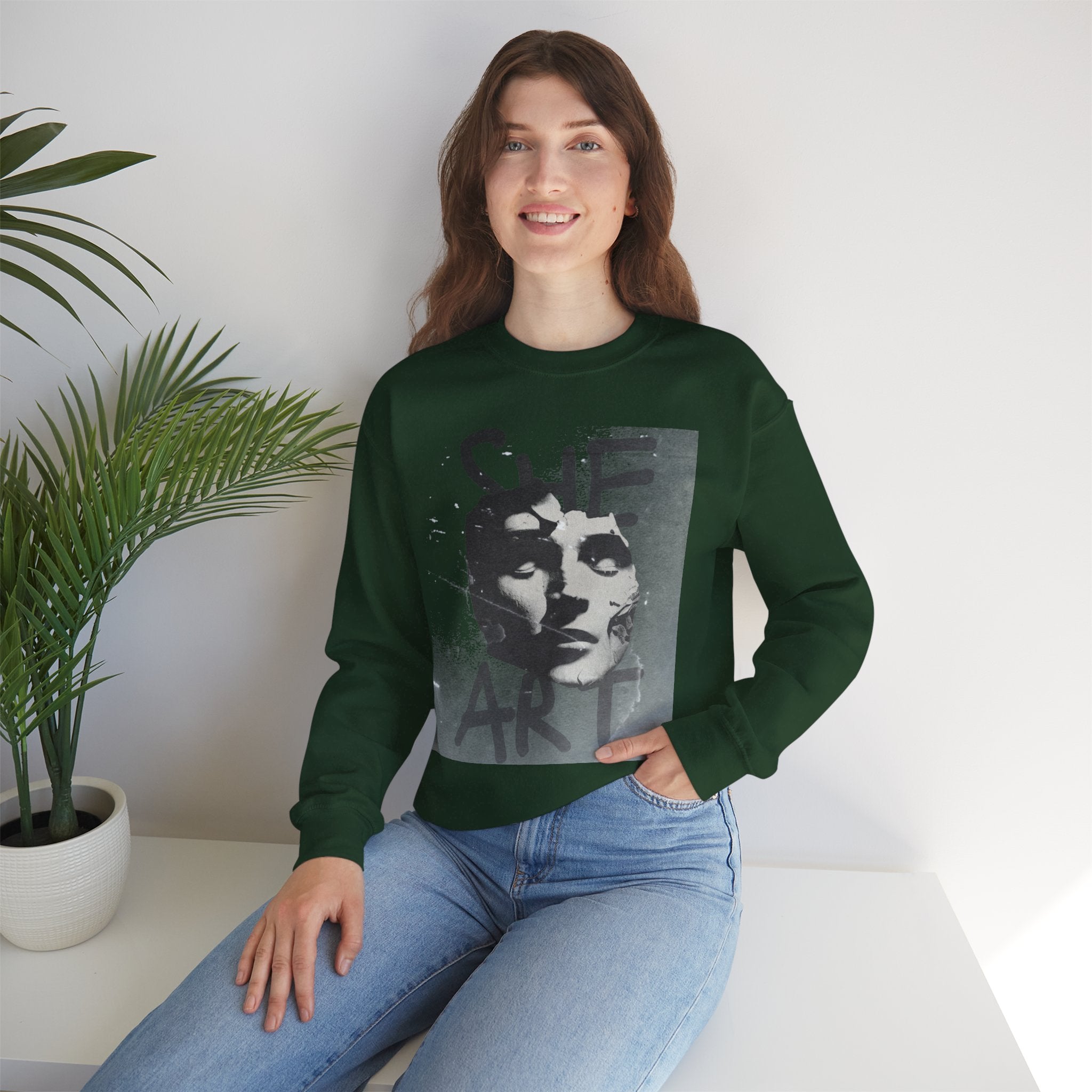 Artistic Unisex Crewneck Sweatshirt - SHE ART Graphic, Cozy Fashion, Bold Statement Piece, Gift for Creatives, Everyday Wear