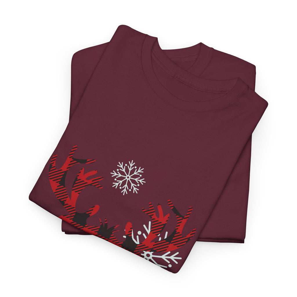 Christmas Reindeer T-Shirt — Cute Plaid Antler Design "Merry Christmas"