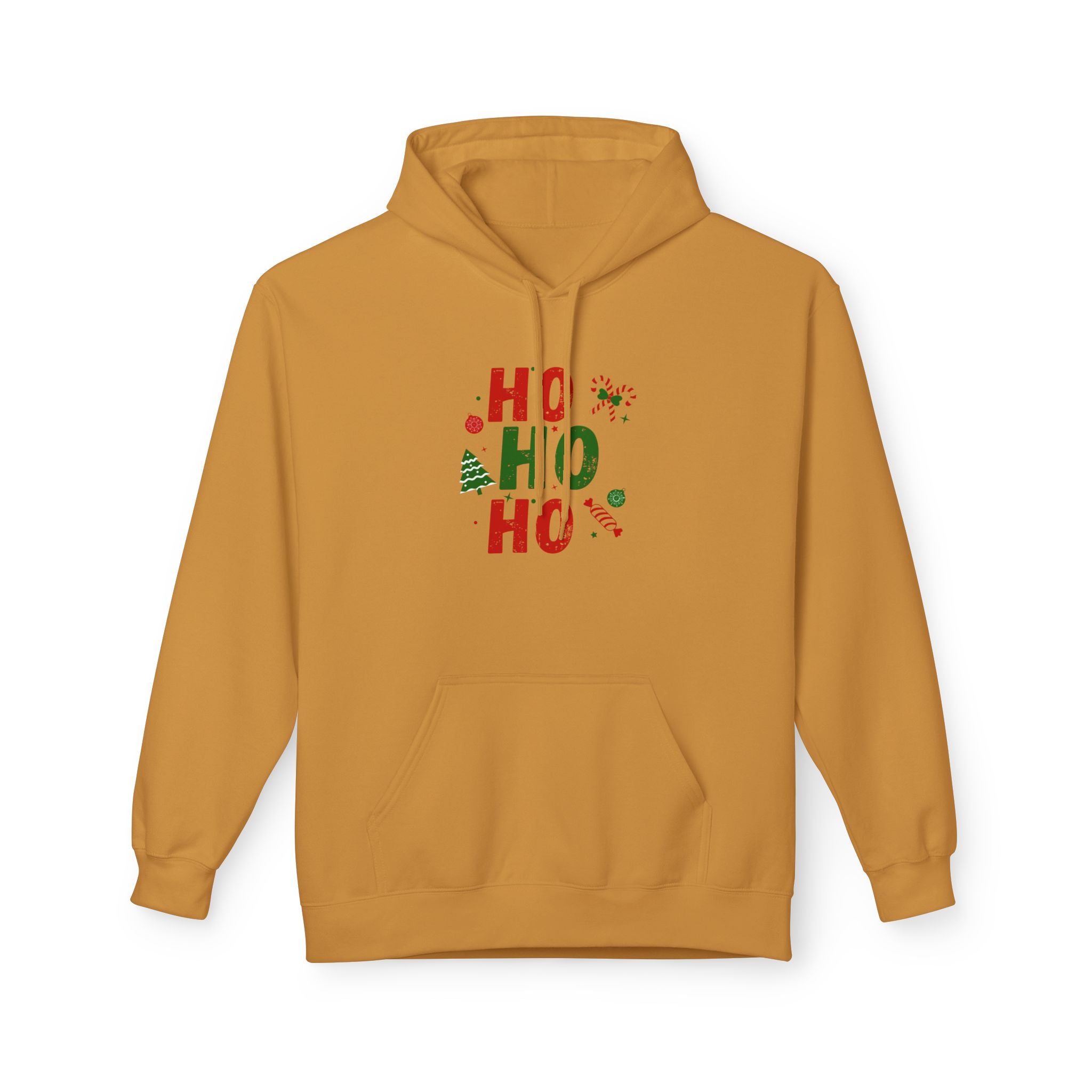 Ho Ho Ho Christmas Hoodie — Festive Holiday Sweatshirt with Tree & Candy Cane Design