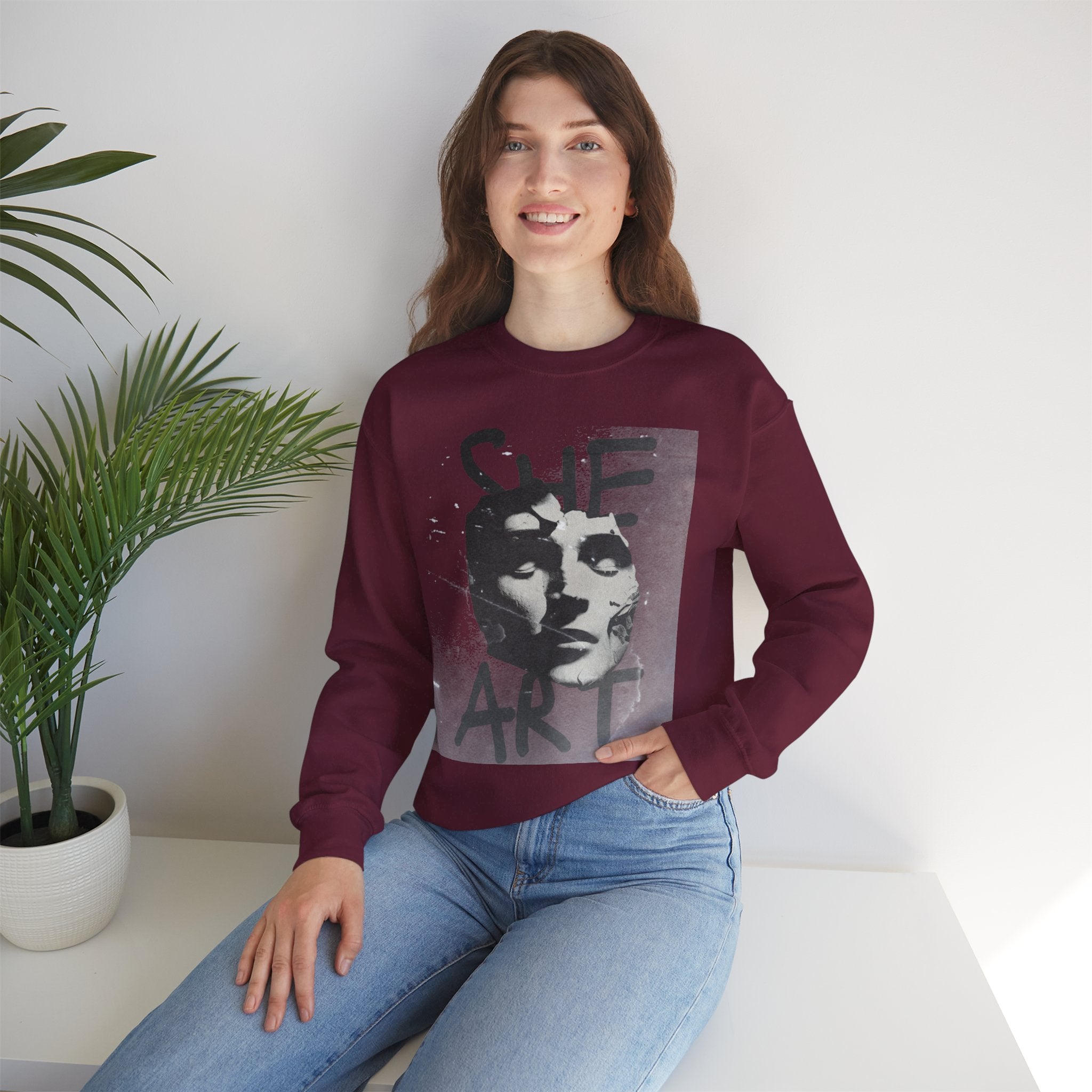 Artistic Unisex Crewneck Sweatshirt - SHE ART Graphic, Cozy Fashion, Bold Statement Piece, Gift for Creatives, Everyday Wear