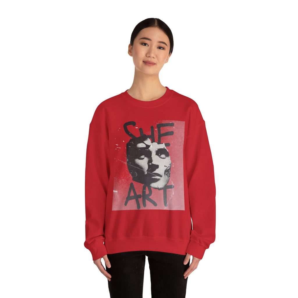 Artistic Unisex Crewneck Sweatshirt - SHE ART Graphic, Cozy Fashion, Bold Statement Piece, Gift for Creatives, Everyday Wear