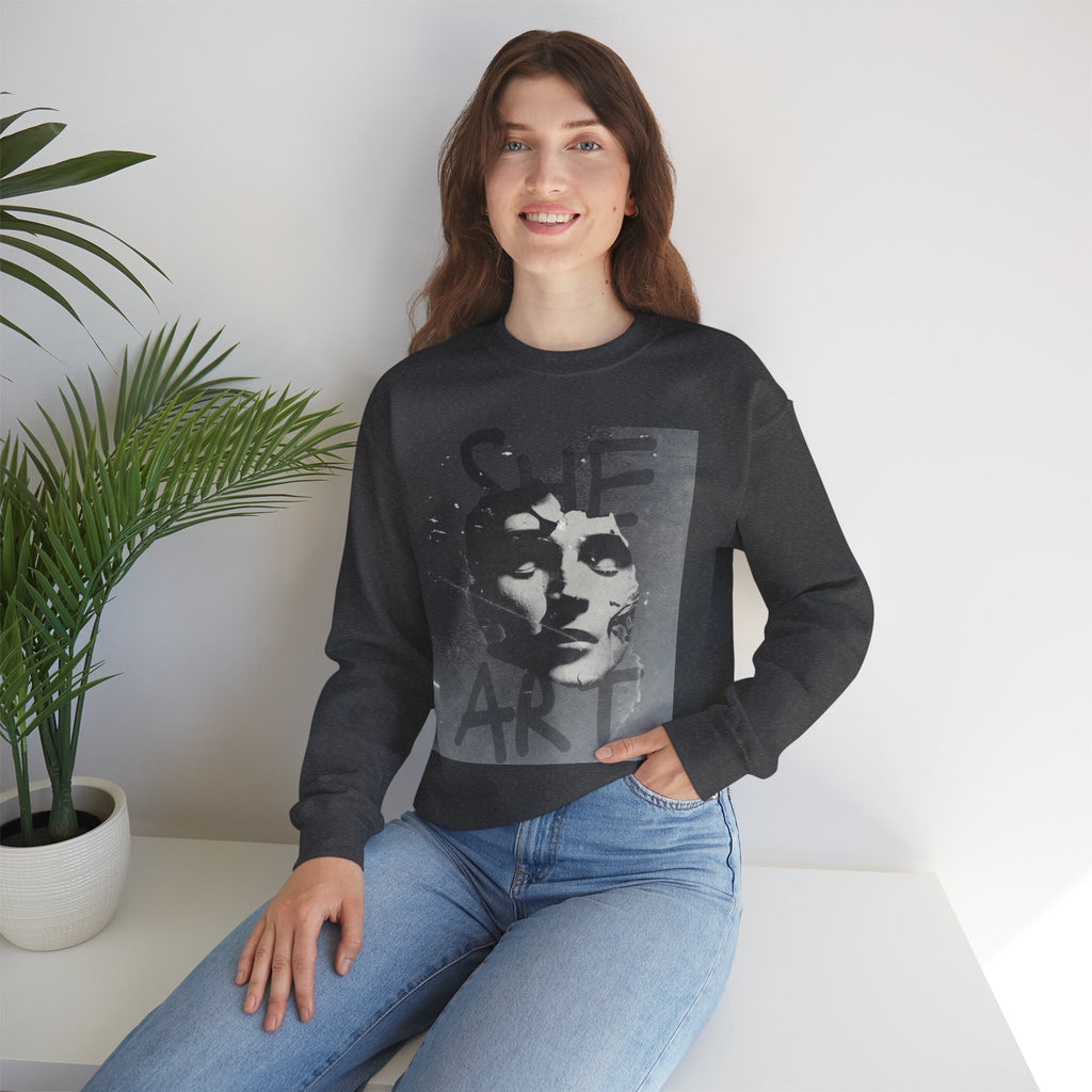 Artistic Unisex Crewneck Sweatshirt - SHE ART Graphic, Cozy Fashion, Bold Statement Piece, Gift for Creatives, Everyday Wear