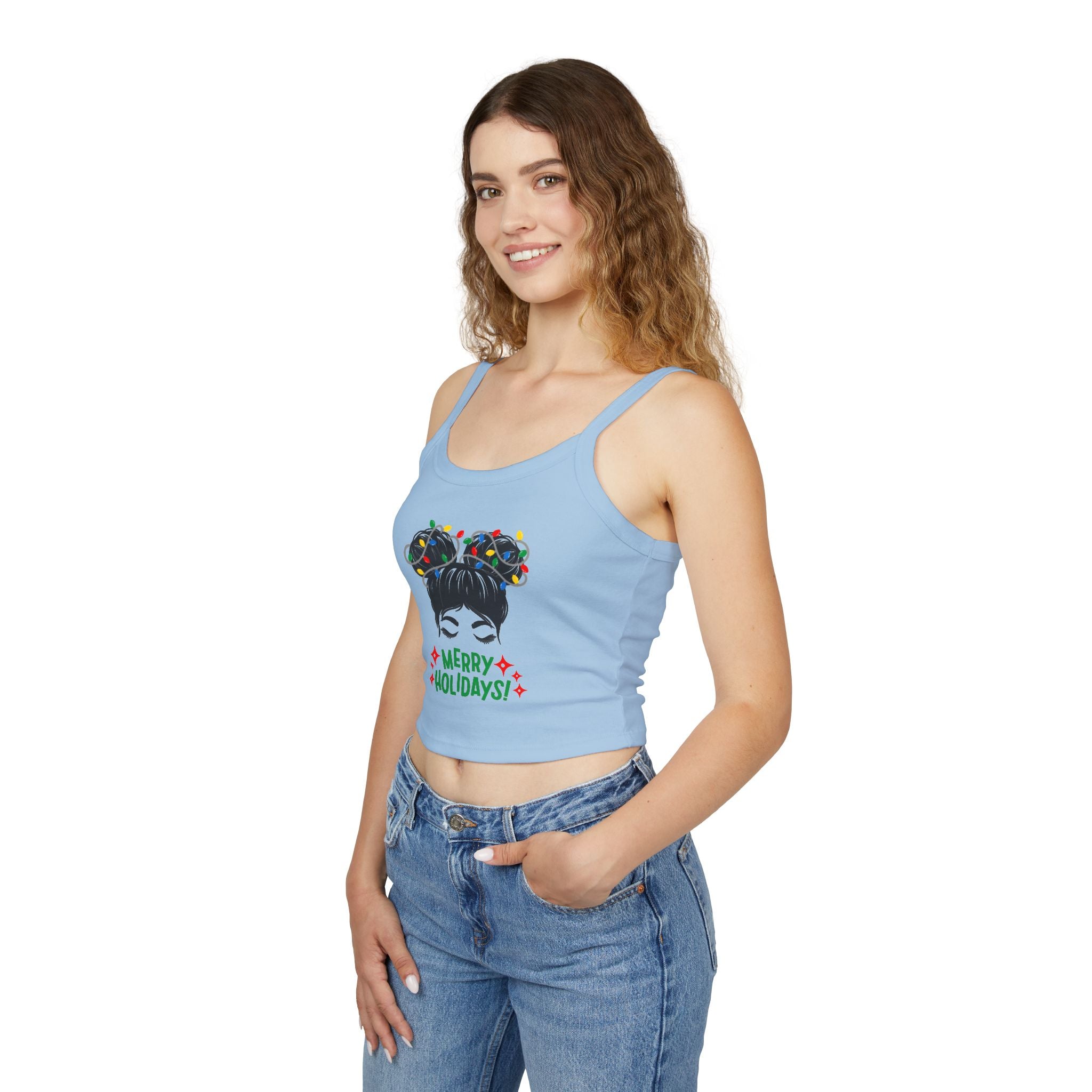 Women's Holiday Crop Tank Top – "Merry Holidays" Light-Up Hair Buns Graphic