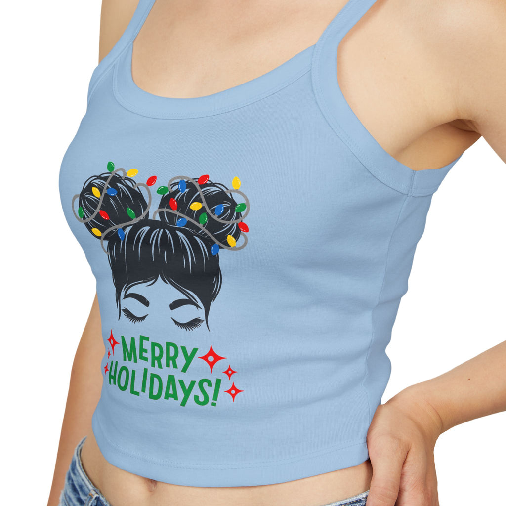 Women's Holiday Crop Tank Top – "Merry Holidays" Light-Up Hair Buns Graphic