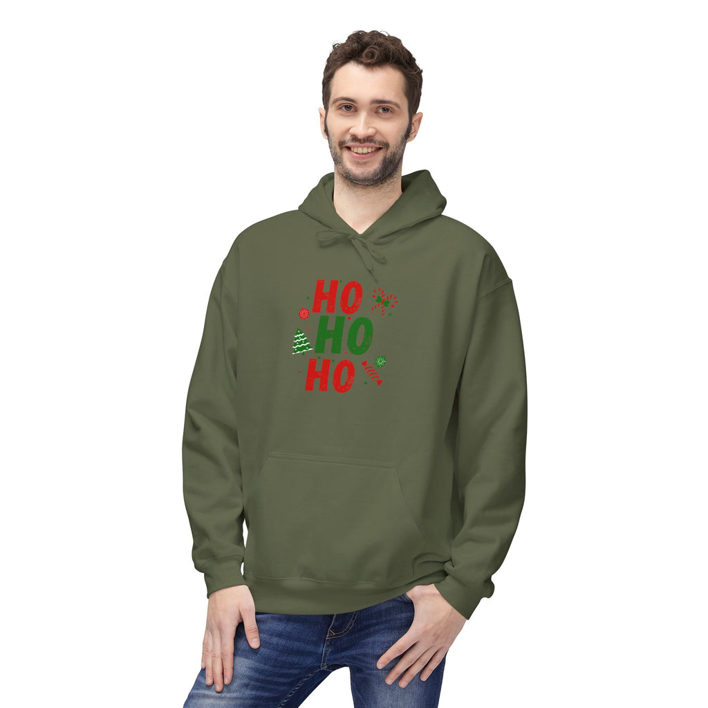 Ho Ho Ho Christmas Hoodie — Festive Holiday Sweatshirt with Tree & Candy Cane Design