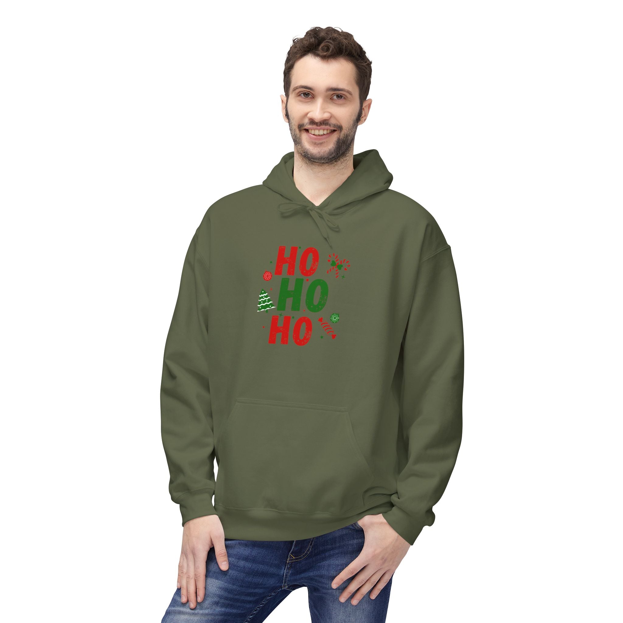 Ho Ho Ho Christmas Hoodie — Festive Holiday Sweatshirt with Tree & Candy Cane Design