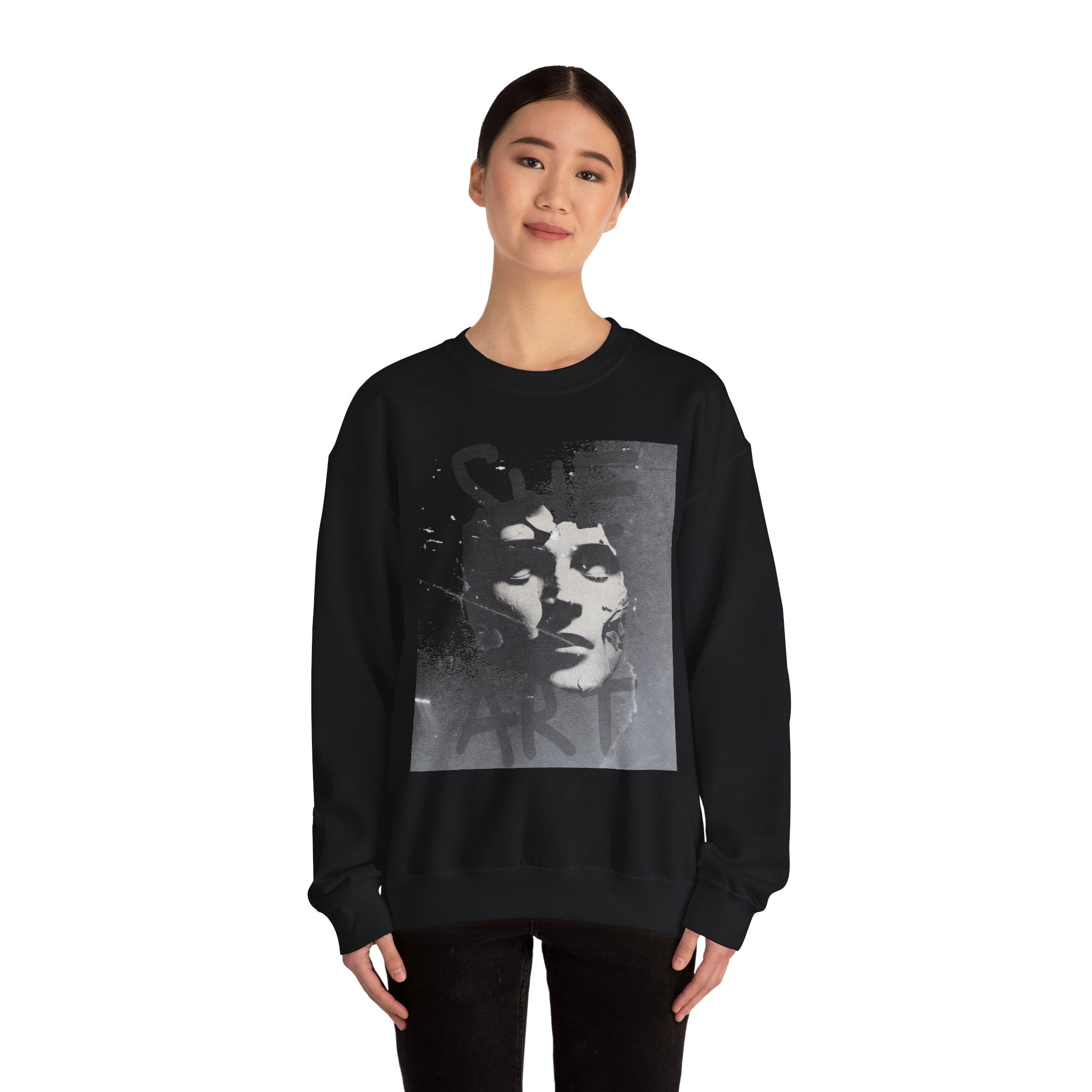 Artistic Unisex Crewneck Sweatshirt - SHE ART Graphic, Cozy Fashion, Bold Statement Piece, Gift for Creatives, Everyday Wear