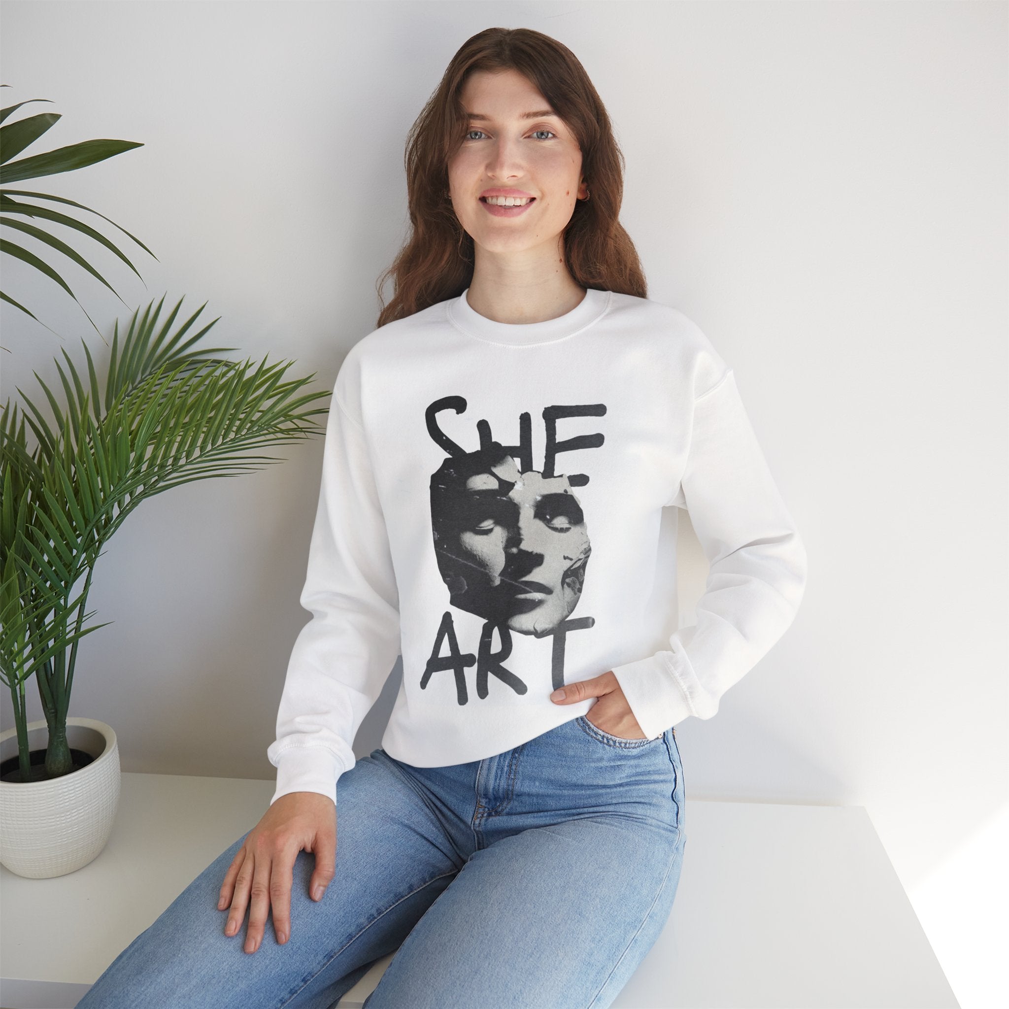Artistic Unisex Crewneck Sweatshirt - SHE ART Graphic, Cozy Fashion, Bold Statement Piece, Gift for Creatives, Everyday Wear
