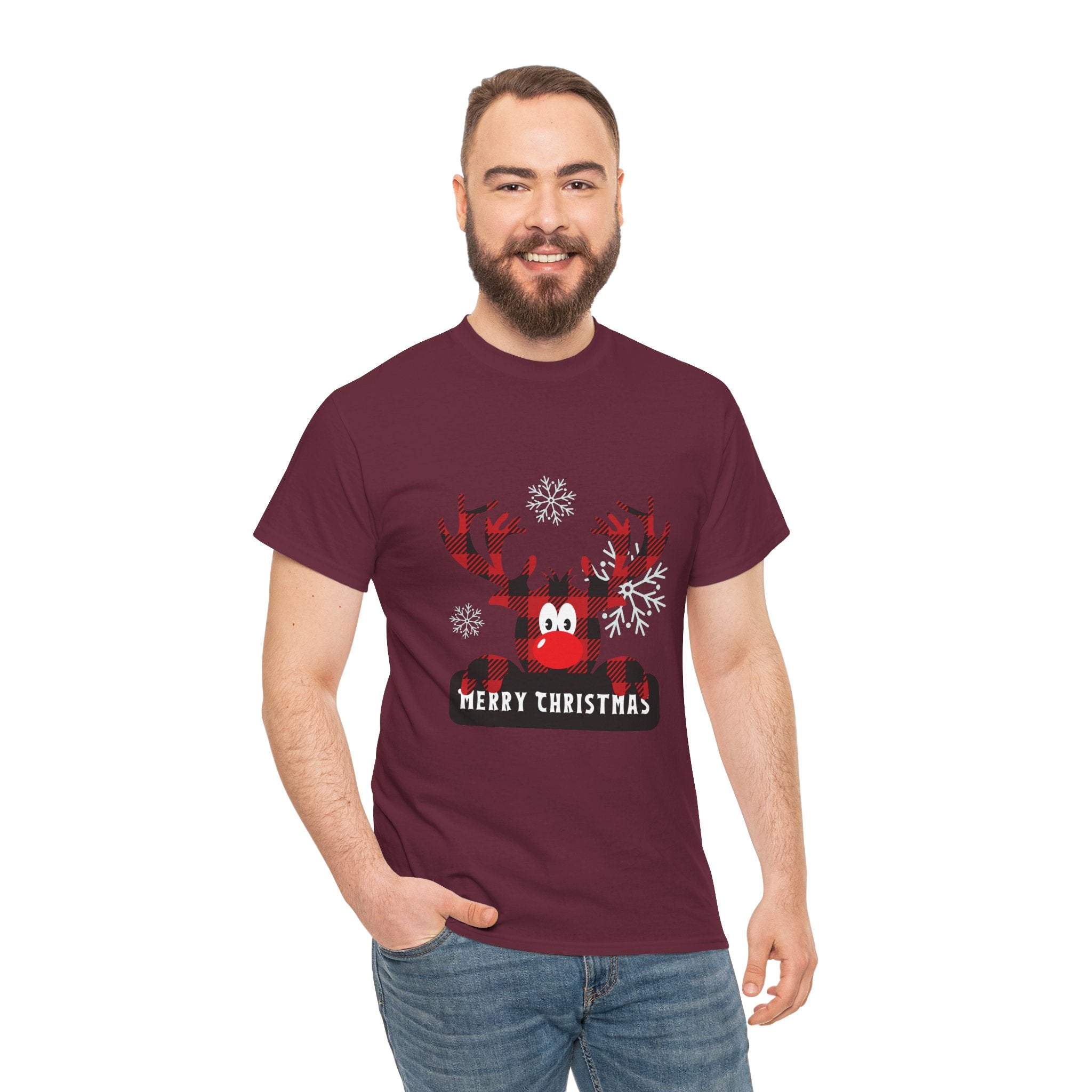 Christmas Reindeer T-Shirt — Cute Plaid Antler Design "Merry Christmas"
