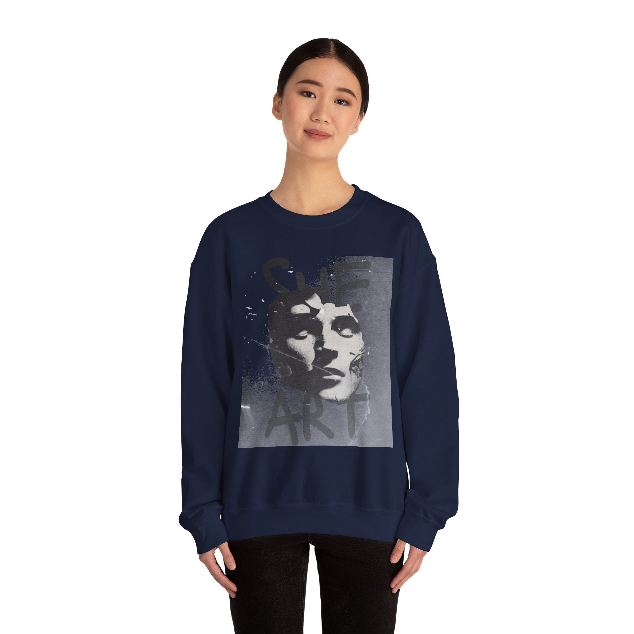 Artistic Unisex Crewneck Sweatshirt - SHE ART Graphic, Cozy Fashion, Bold Statement Piece, Gift for Creatives, Everyday Wear