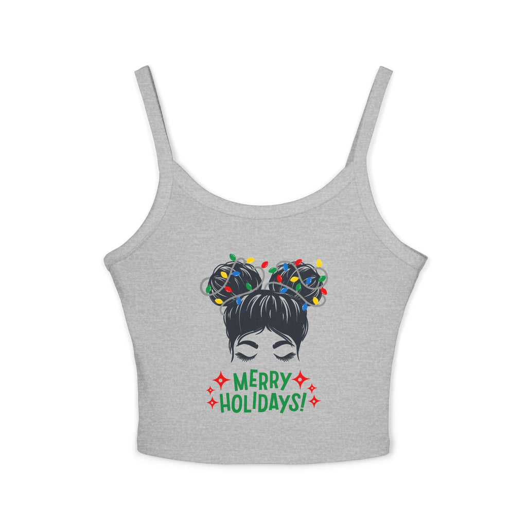 Women's Holiday Crop Tank Top – "Merry Holidays" Light-Up Hair Buns Graphic