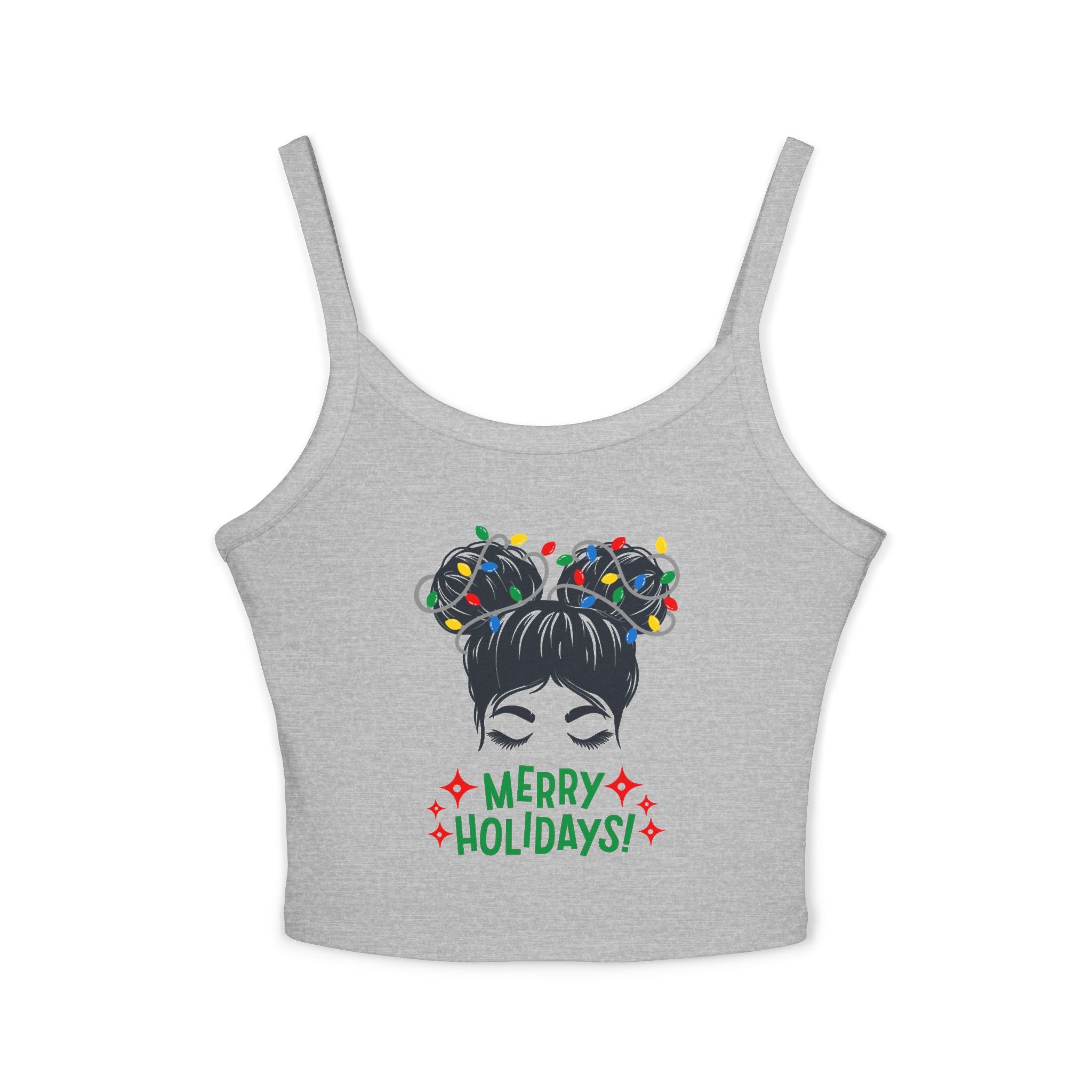 Women's Holiday Crop Tank Top – "Merry Holidays" Light-Up Hair Buns Graphic