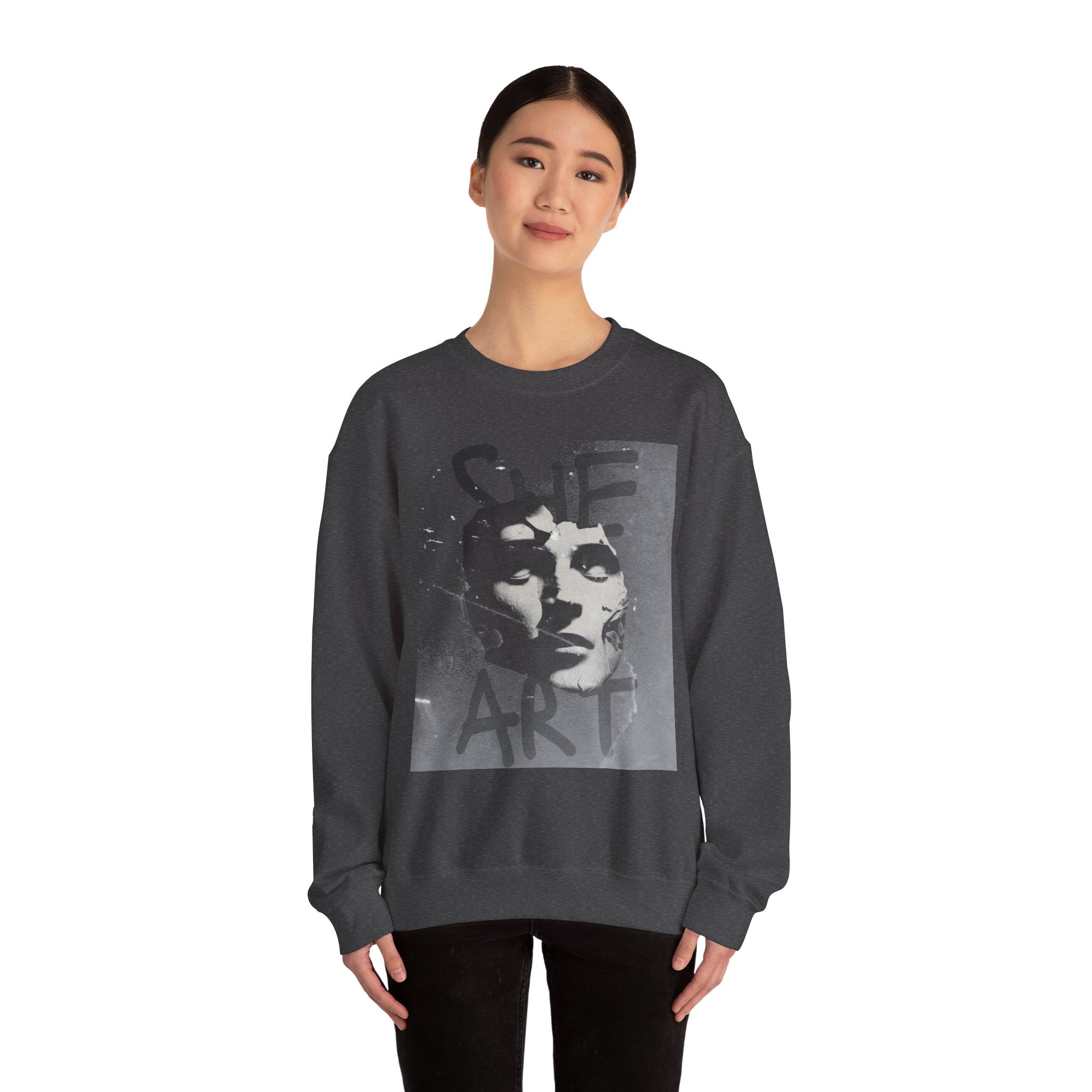 Artistic Unisex Crewneck Sweatshirt - SHE ART Graphic, Cozy Fashion, Bold Statement Piece, Gift for Creatives, Everyday Wear