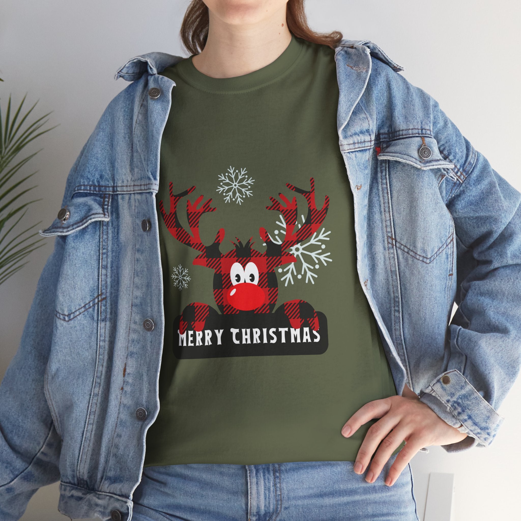 Christmas Reindeer T-Shirt — Cute Plaid Antler Design "Merry Christmas"