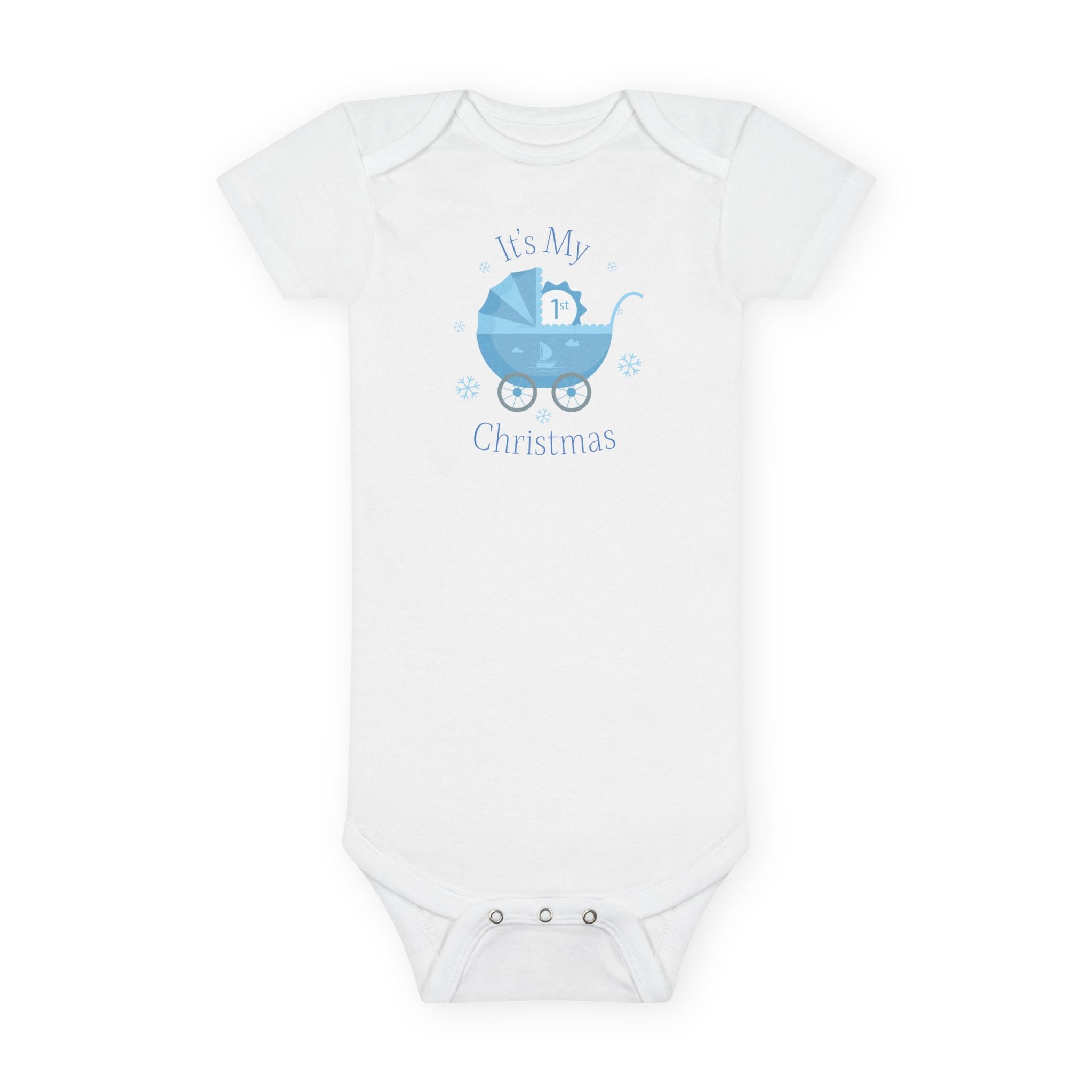 Baby Onesie - "It's My First Christmas" Blue Baby Carriage Newborn Bodysuit