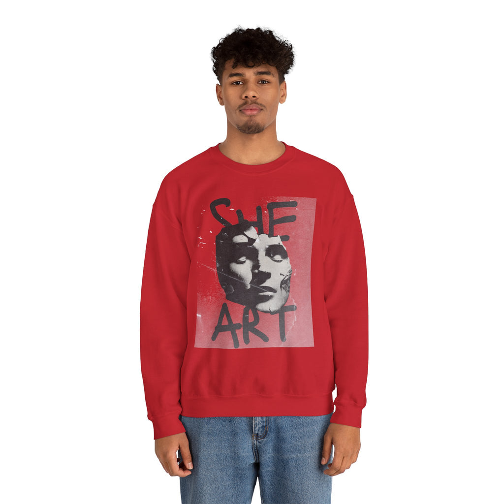 Artistic Unisex Crewneck Sweatshirt - SHE ART Graphic, Cozy Fashion, Bold Statement Piece, Gift for Creatives, Everyday Wear