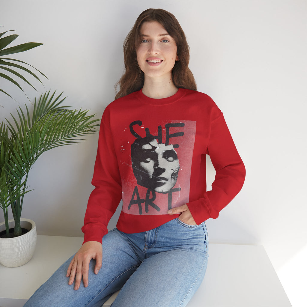 Artistic Unisex Crewneck Sweatshirt - SHE ART Graphic, Cozy Fashion, Bold Statement Piece, Gift for Creatives, Everyday Wear