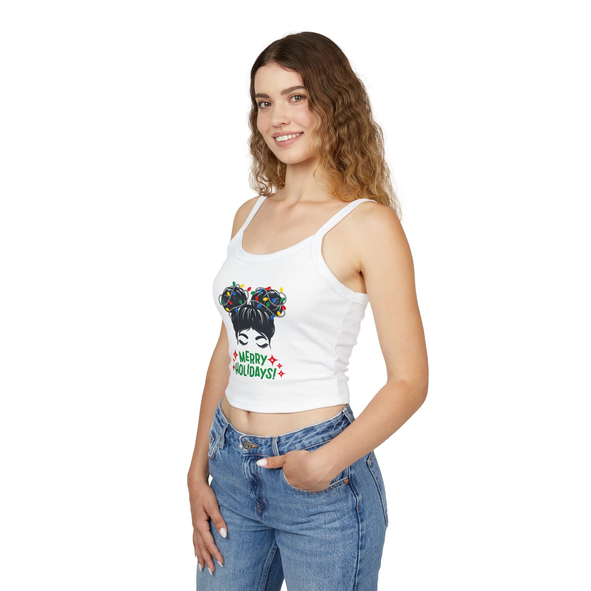 Women's Holiday Crop Tank Top – "Merry Holidays" Light-Up Hair Buns Graphic