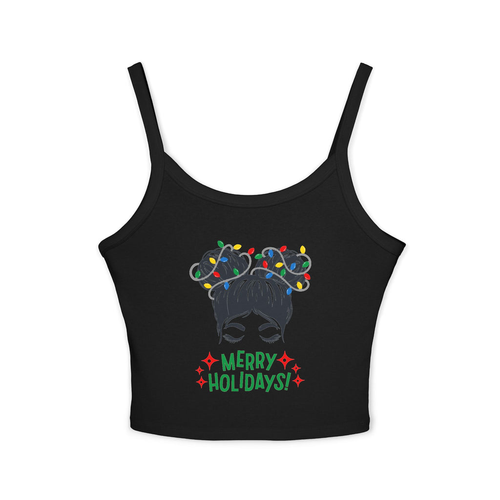 Women's Holiday Crop Tank Top – "Merry Holidays" Light-Up Hair Buns Graphic