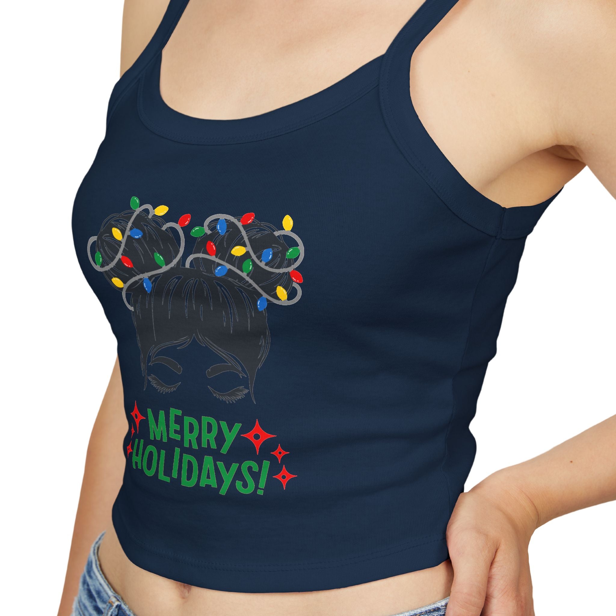 Women's Holiday Crop Tank Top – "Merry Holidays" Light-Up Hair Buns Graphic