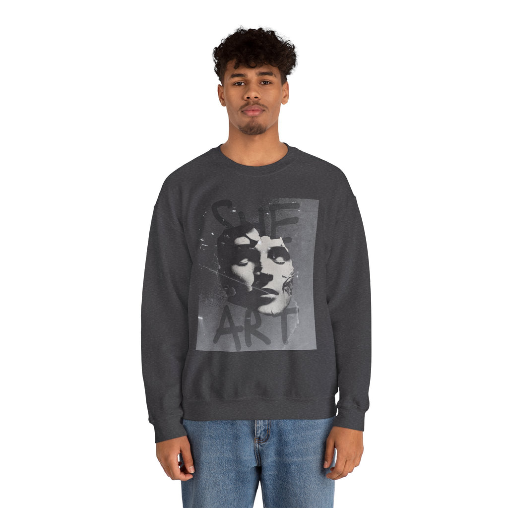 Artistic Unisex Crewneck Sweatshirt - SHE ART Graphic, Cozy Fashion, Bold Statement Piece, Gift for Creatives, Everyday Wear