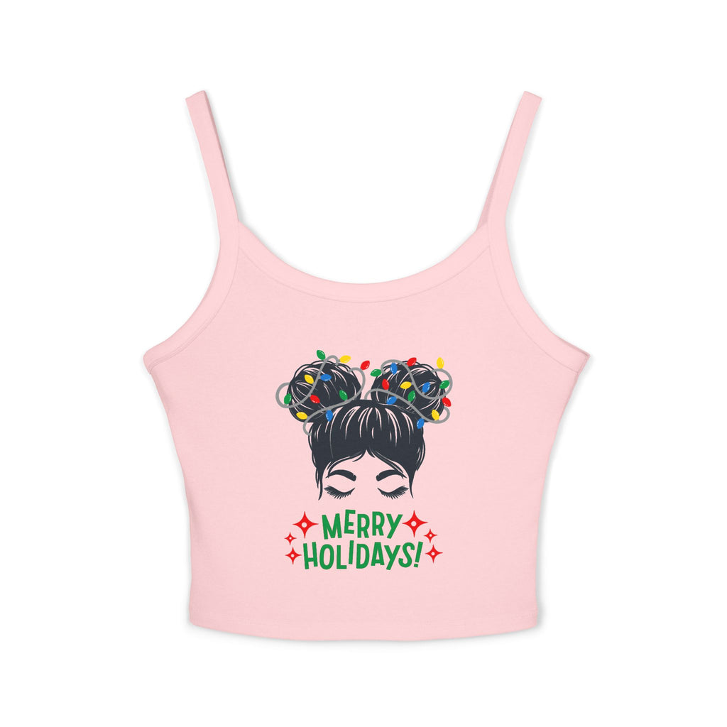 Women's Holiday Crop Tank Top – "Merry Holidays" Light-Up Hair Buns Graphic