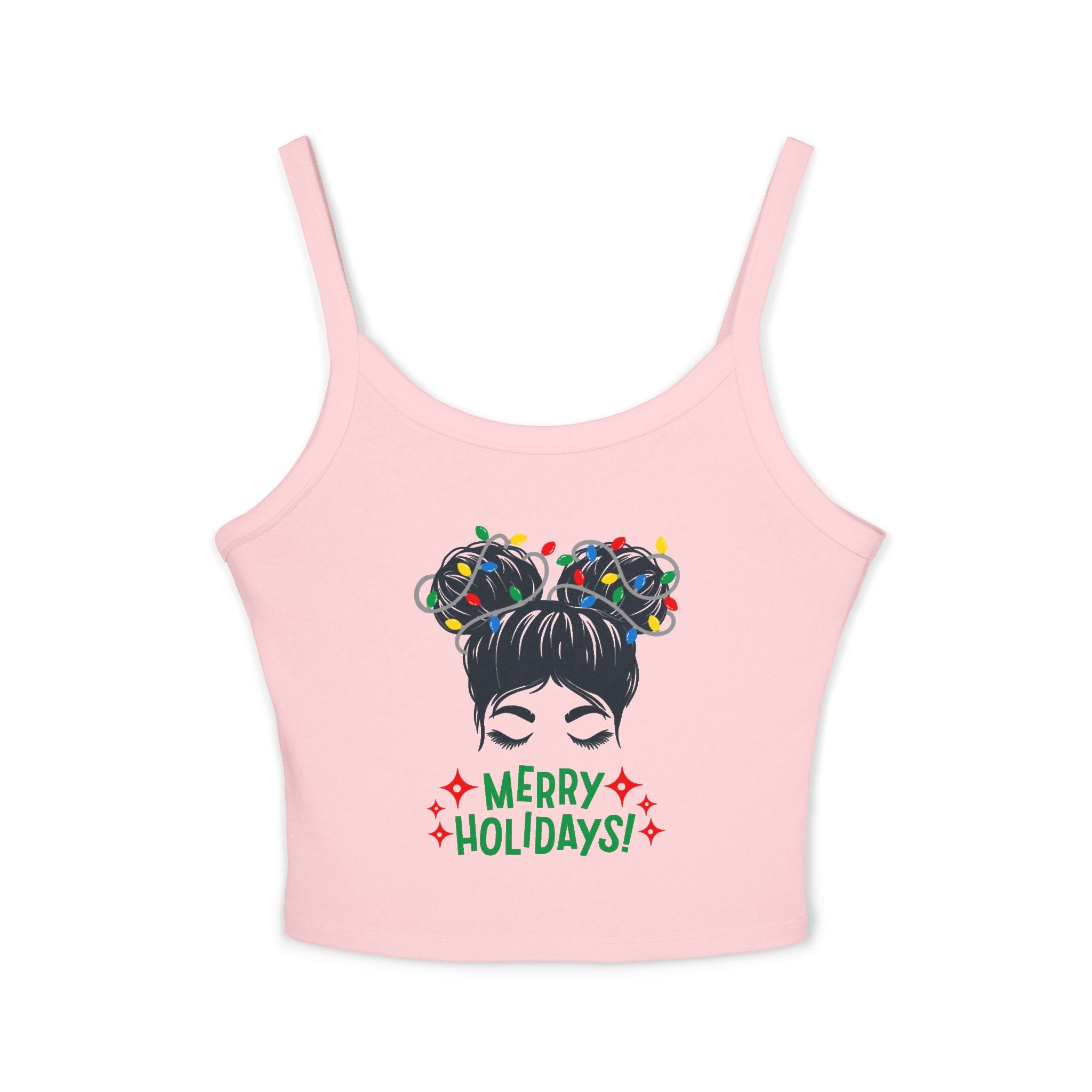 Women's Holiday Crop Tank Top – "Merry Holidays" Light-Up Hair Buns Graphic