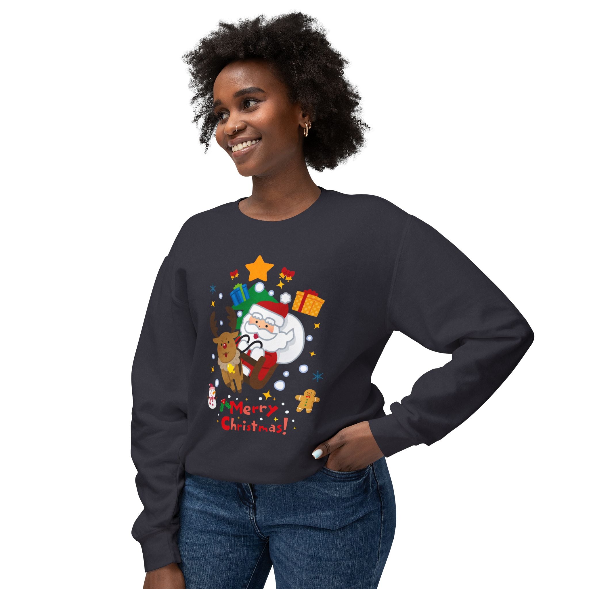 Christmas Crewneck Sweatshirt — Cute Santa & Reindeer "Merry Christmas" Holiday Sweater