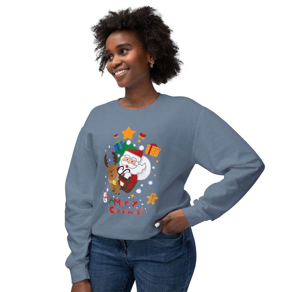 Christmas Crewneck Sweatshirt — Cute Santa & Reindeer "Merry Christmas" Holiday Sweater
