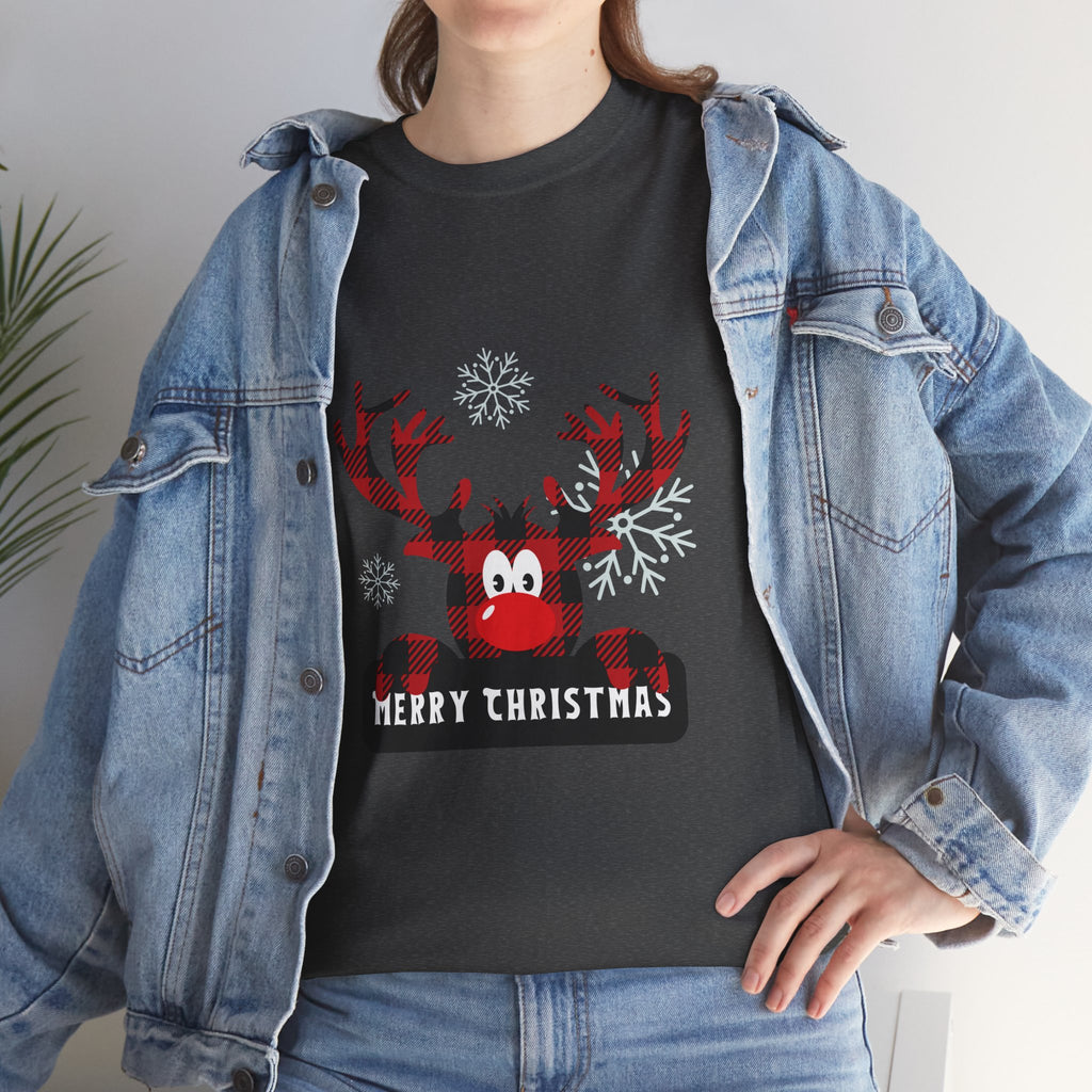 Christmas Reindeer T-Shirt — Cute Plaid Antler Design "Merry Christmas"