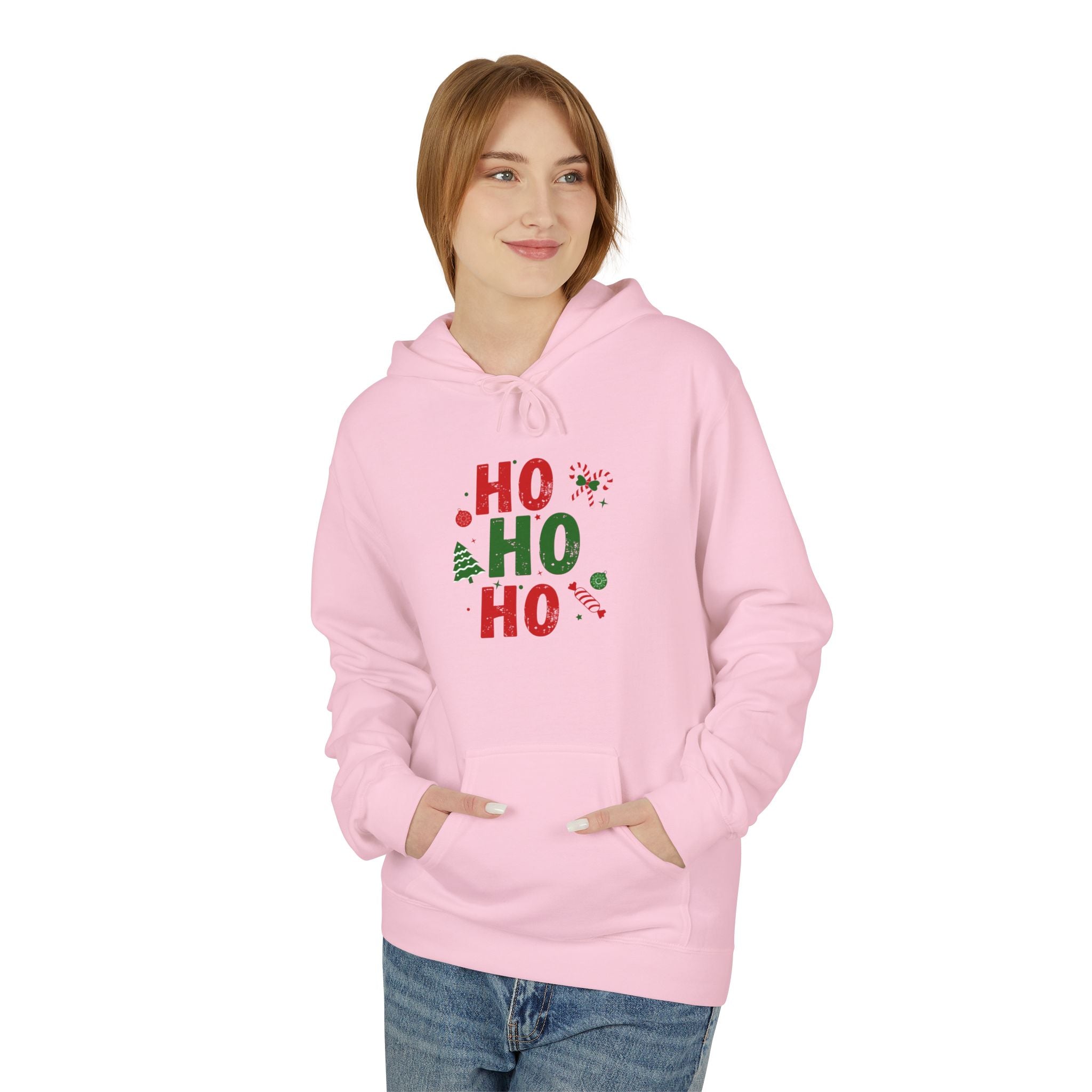 Ho Ho Ho Christmas Hoodie — Festive Holiday Sweatshirt with Tree & Candy Cane Design