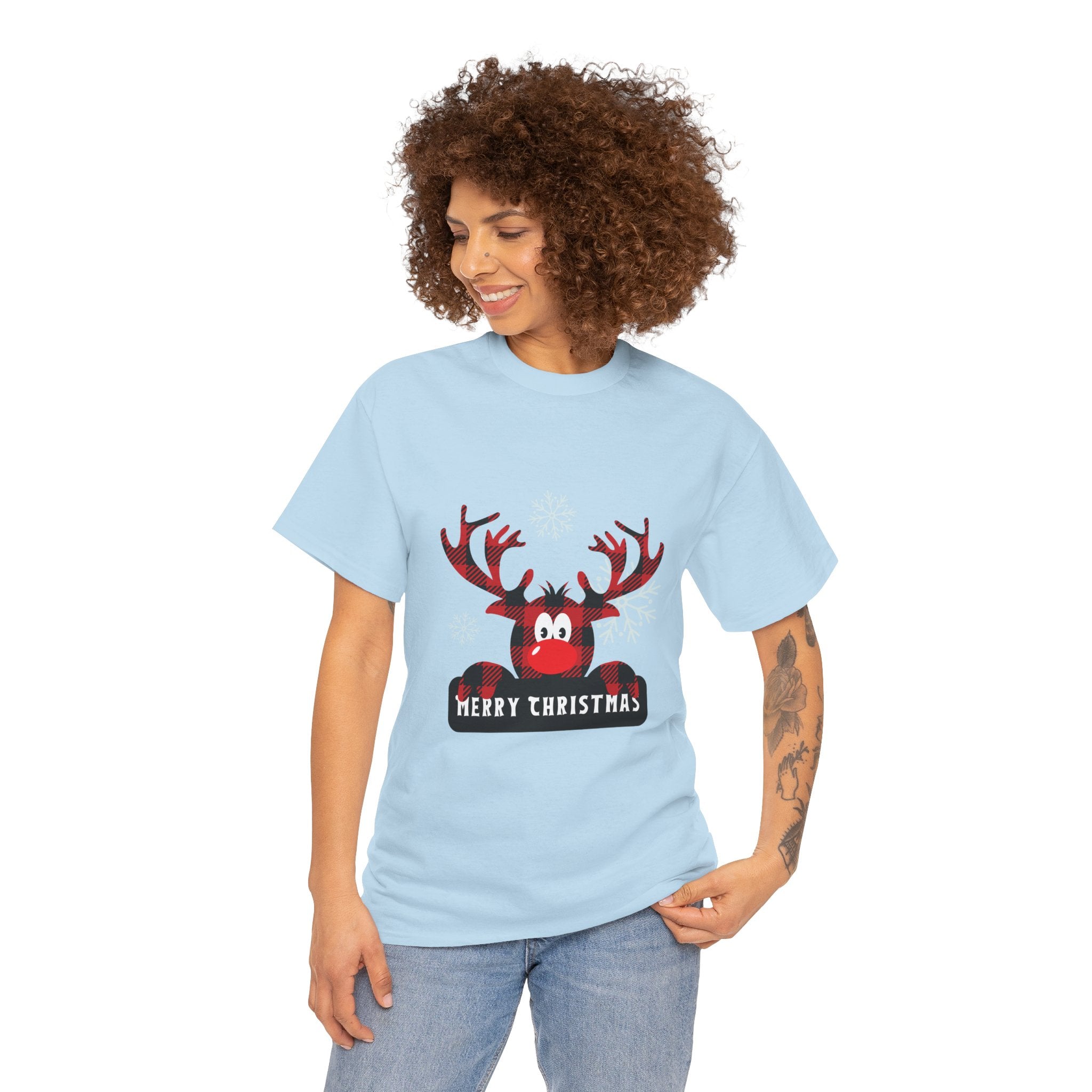 Christmas Reindeer T-Shirt — Cute Plaid Antler Design "Merry Christmas"