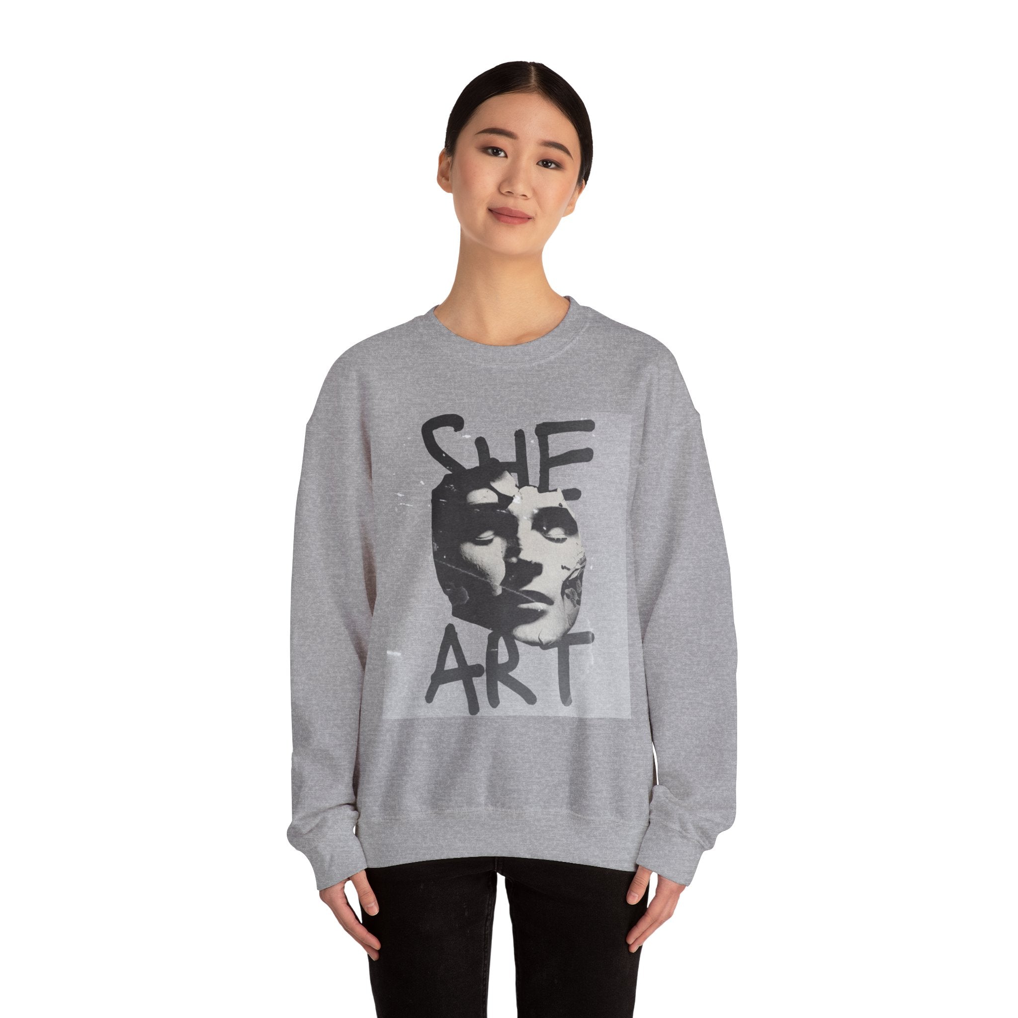 Artistic Unisex Crewneck Sweatshirt - SHE ART Graphic, Cozy Fashion, Bold Statement Piece, Gift for Creatives, Everyday Wear