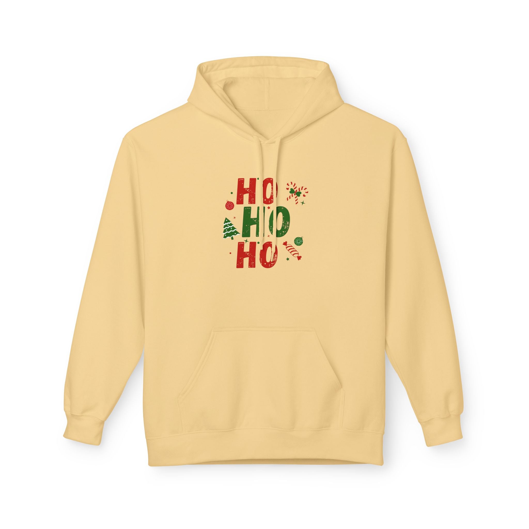 Ho Ho Ho Christmas Hoodie — Festive Holiday Sweatshirt with Tree & Candy Cane Design