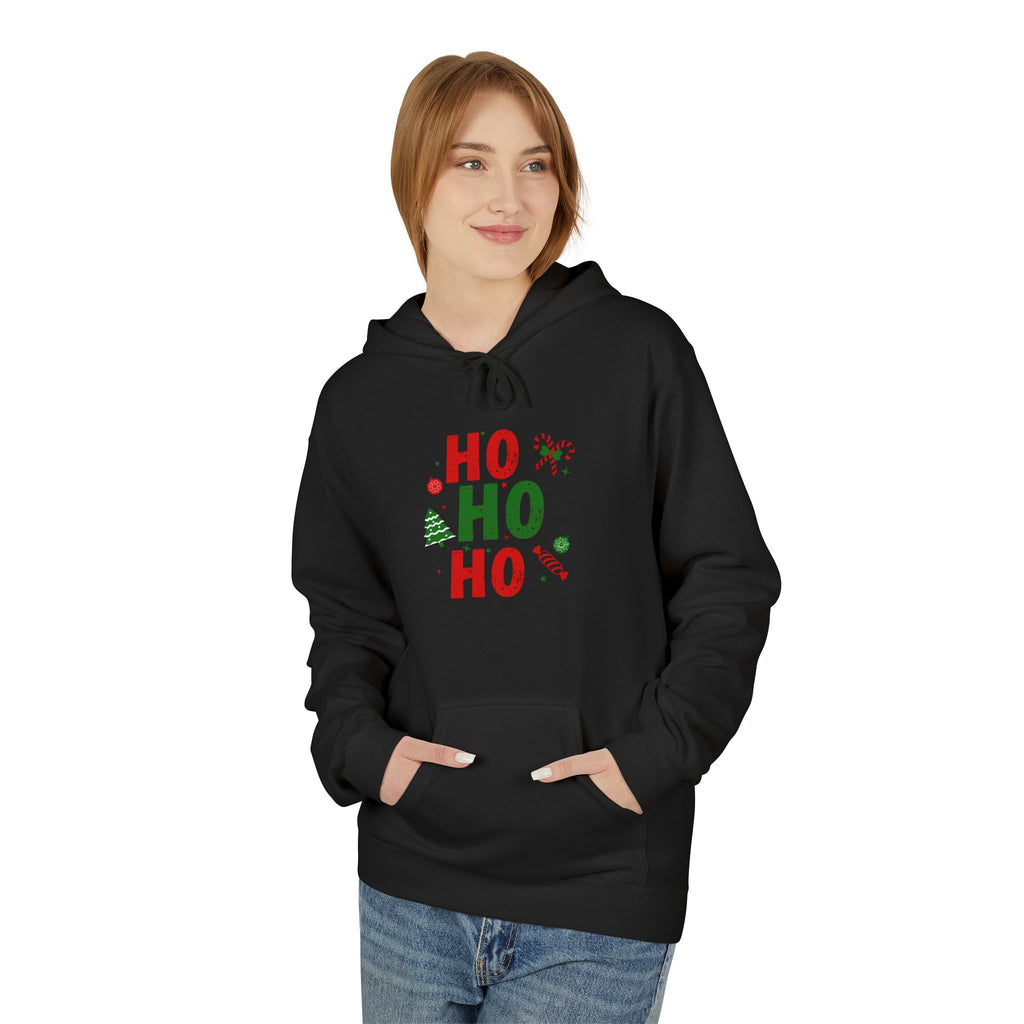 Ho Ho Ho Christmas Hoodie — Festive Holiday Sweatshirt with Tree & Candy Cane Design