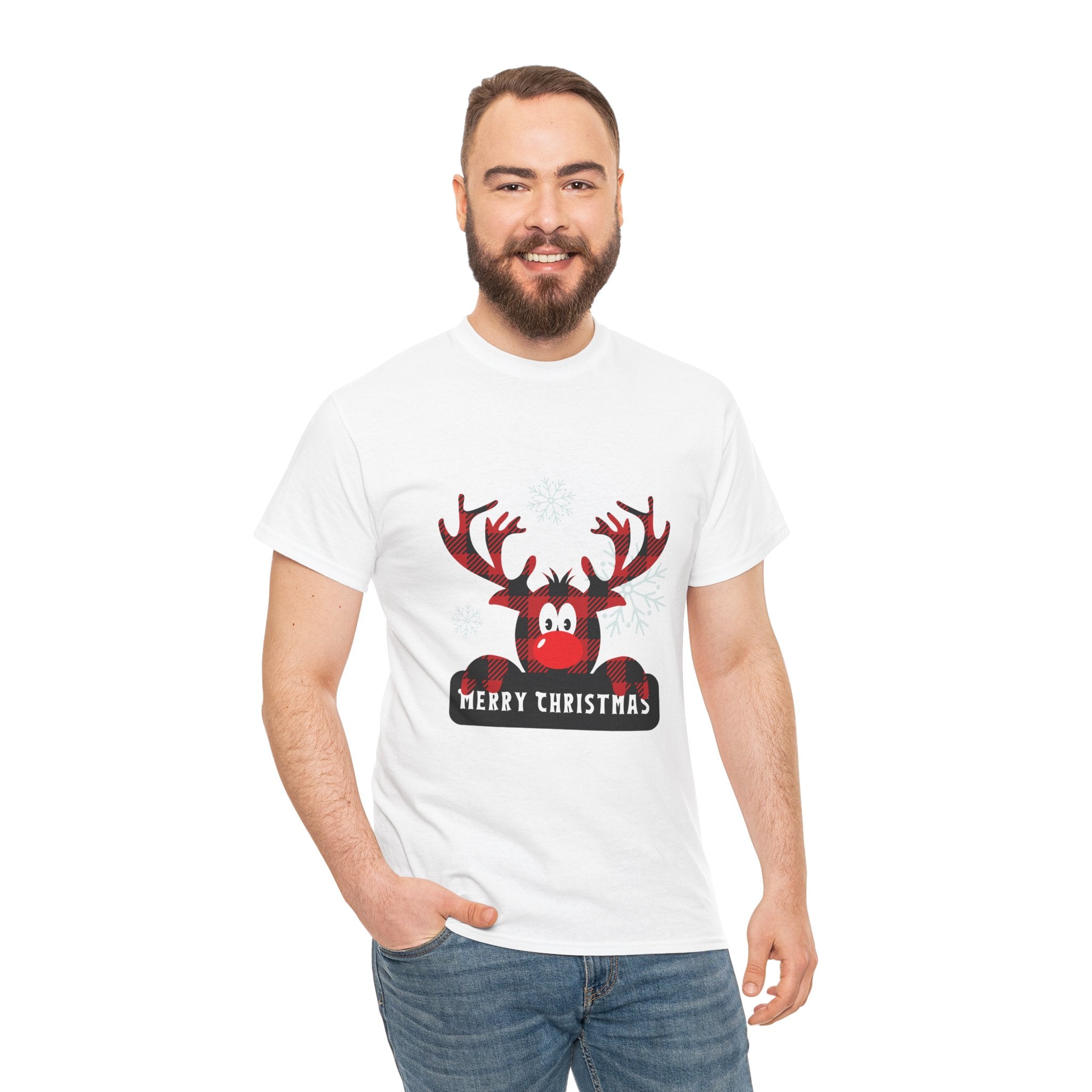 Christmas Reindeer T-Shirt — Cute Plaid Antler Design "Merry Christmas"